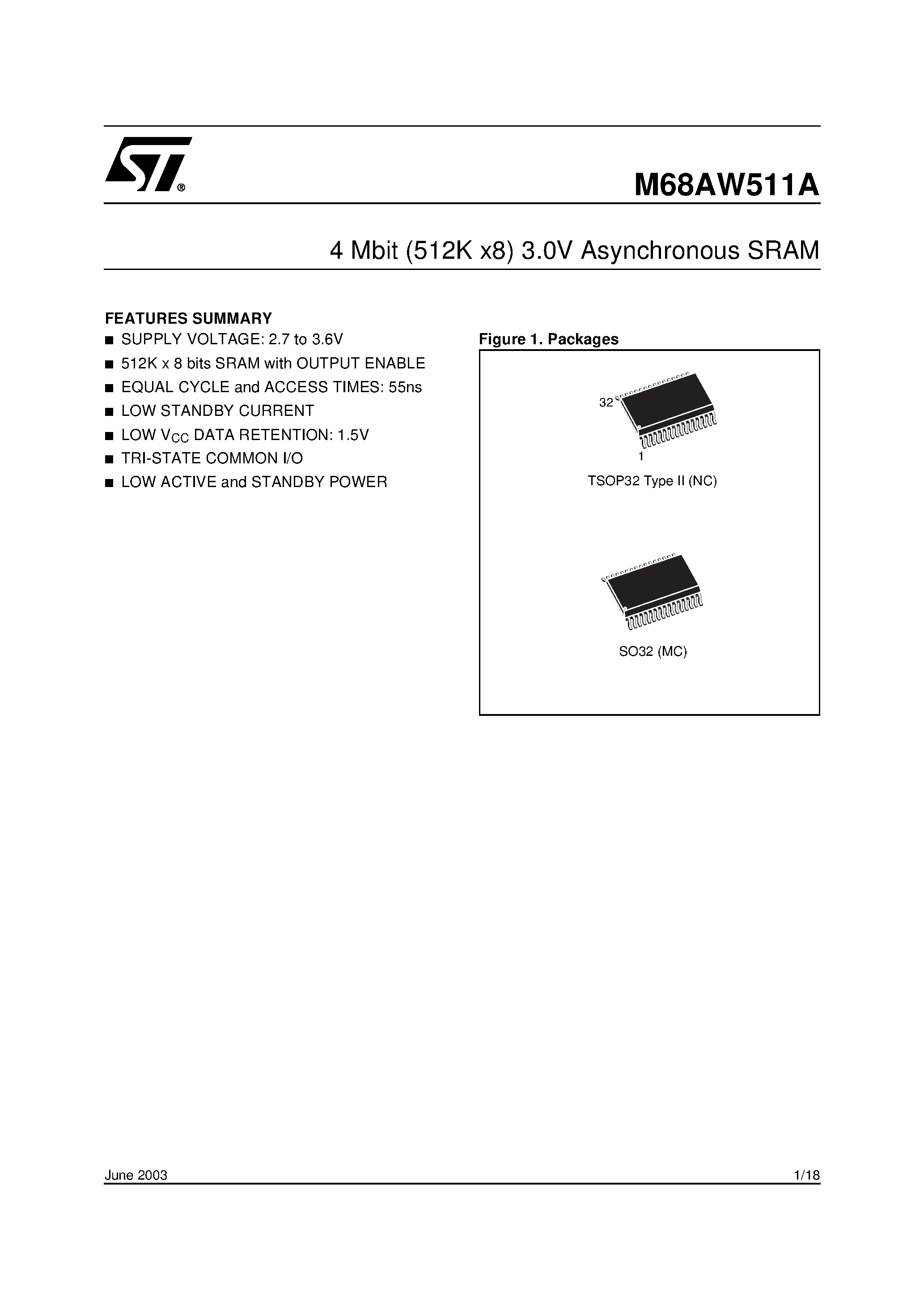 Datasheet M68AW511A - 4 Mbit (512K x8) 3.0V Asynchronous SRAM page 1