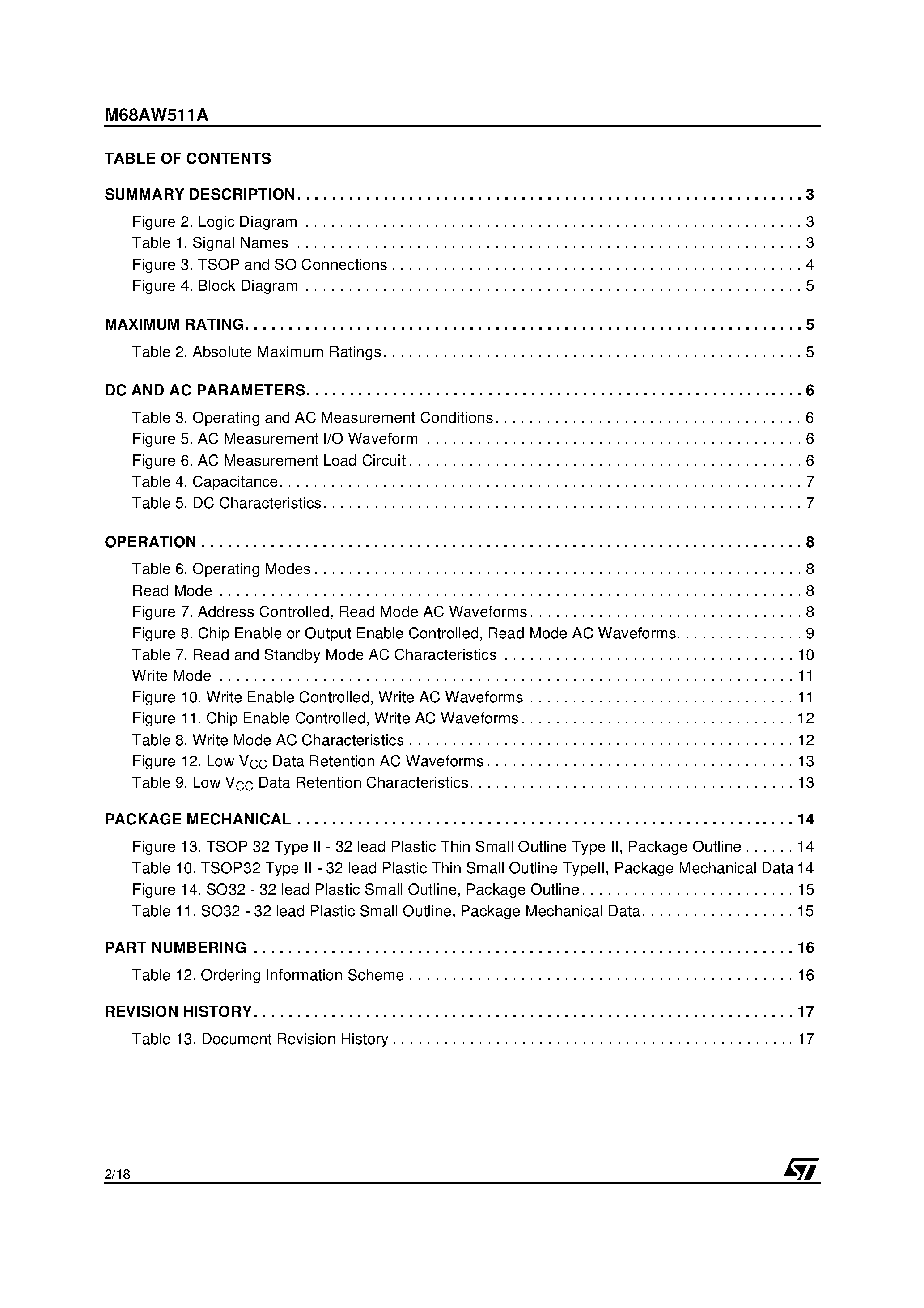 Datasheet M68AW511A - 4 Mbit (512K x8) 3.0V Asynchronous SRAM page 2