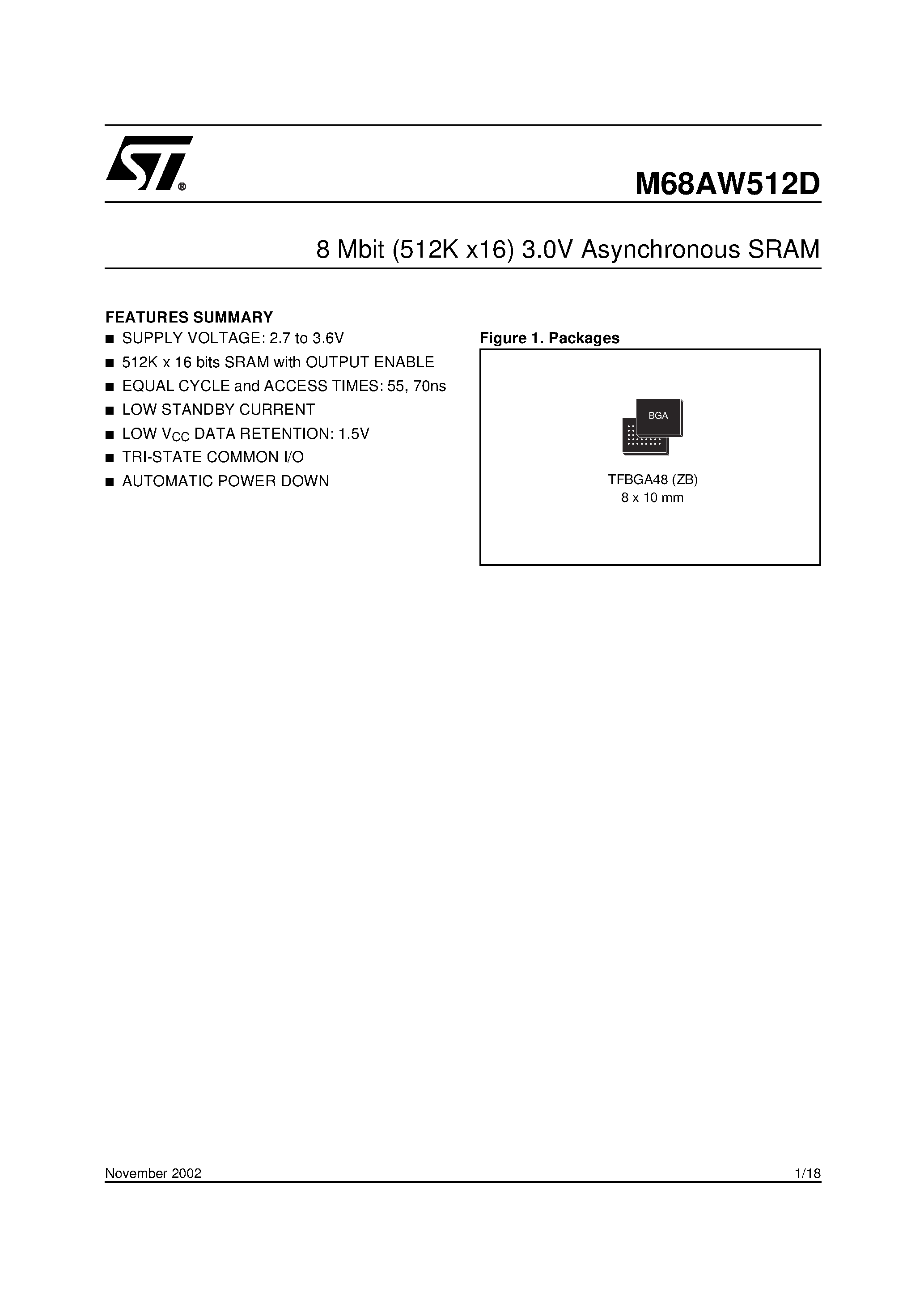 Datasheet M68AW512D - 8 Mbit 512K x16 3.0V Asynchronous SRAM page 1
