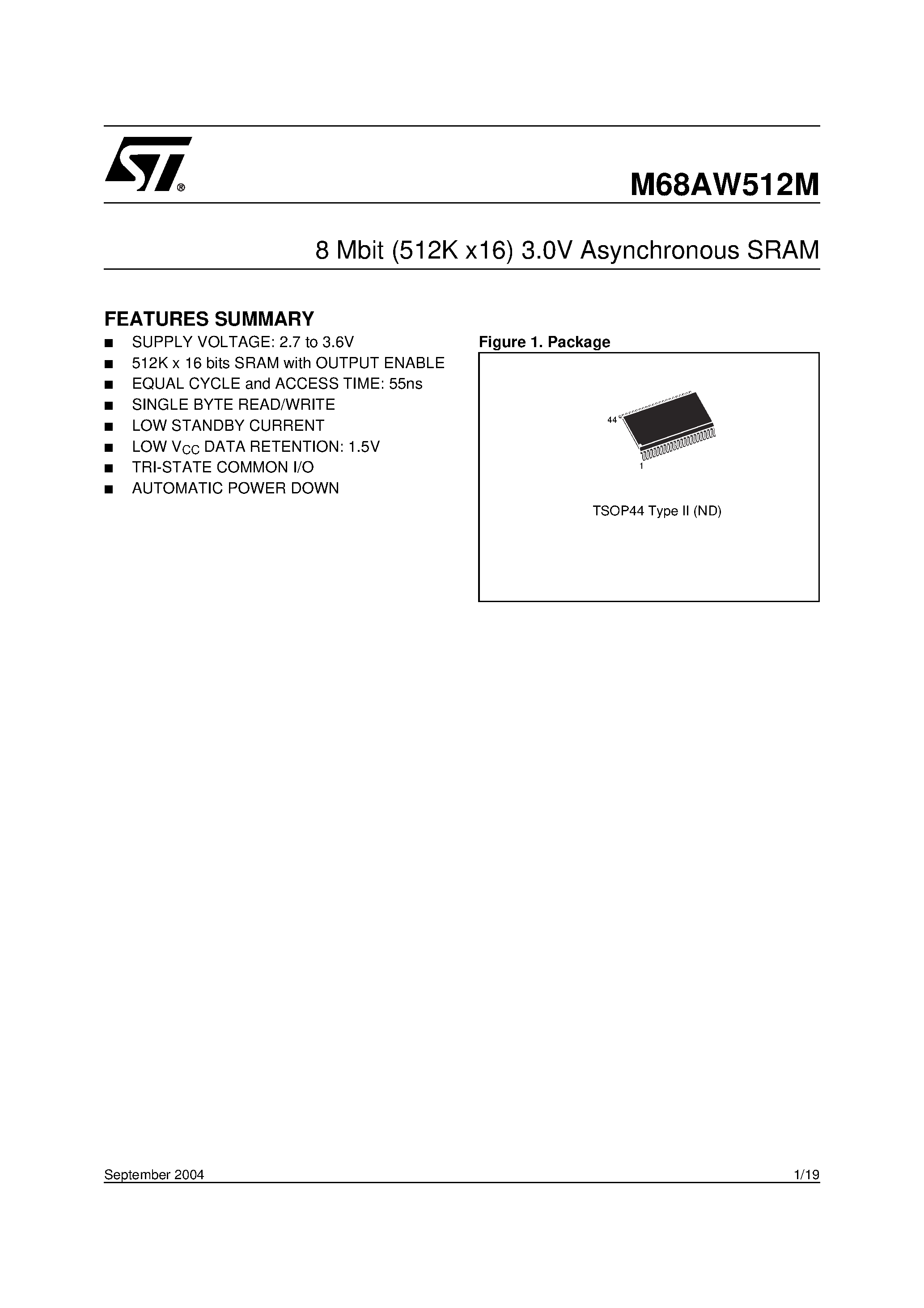 Datasheet M68AW512M - 8 Mbit (512K x16) 3.0V Asynchronous SRAM page 1