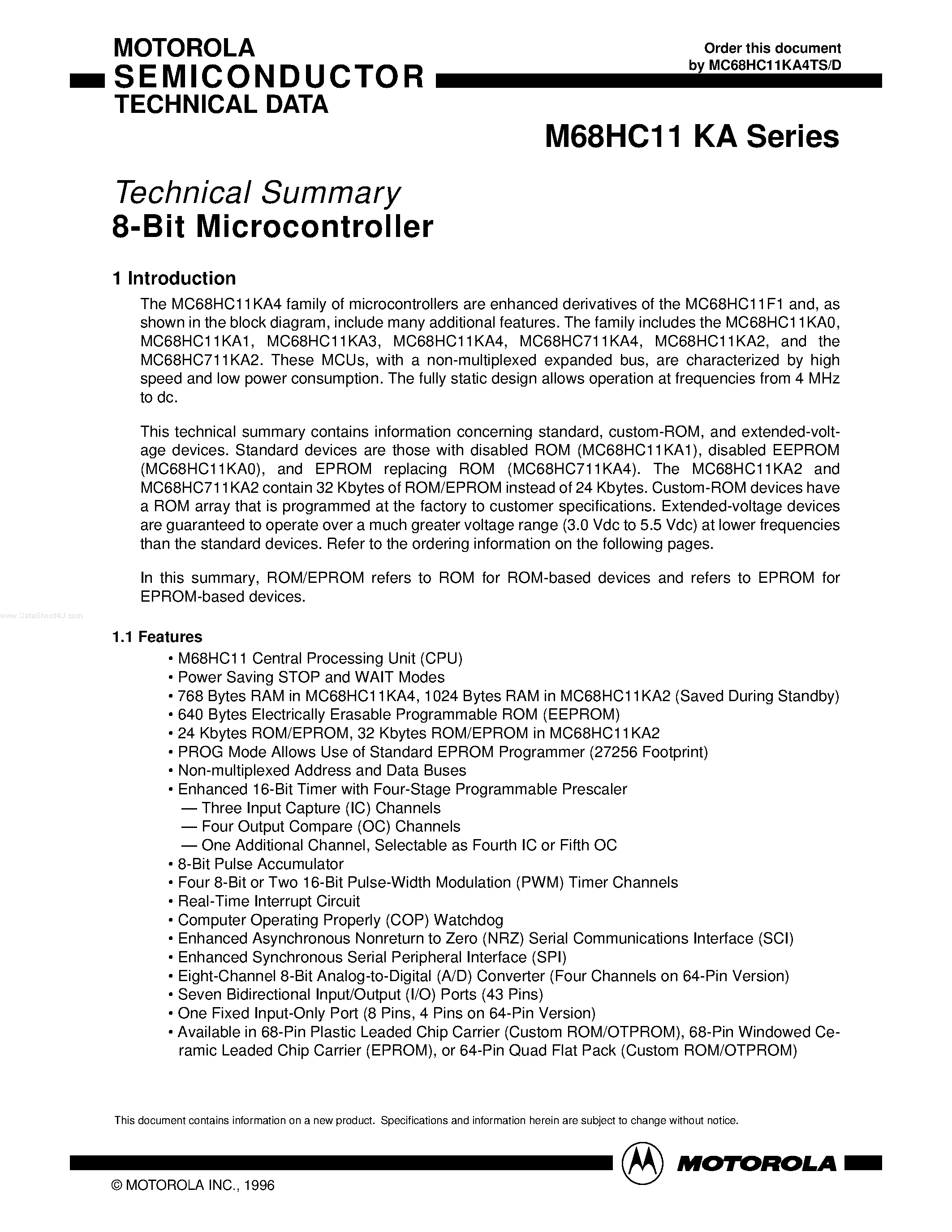 Datasheet M68HC11KA page 1 Datasheet M68HC11KA - 8-Bit Microcontroller page 1