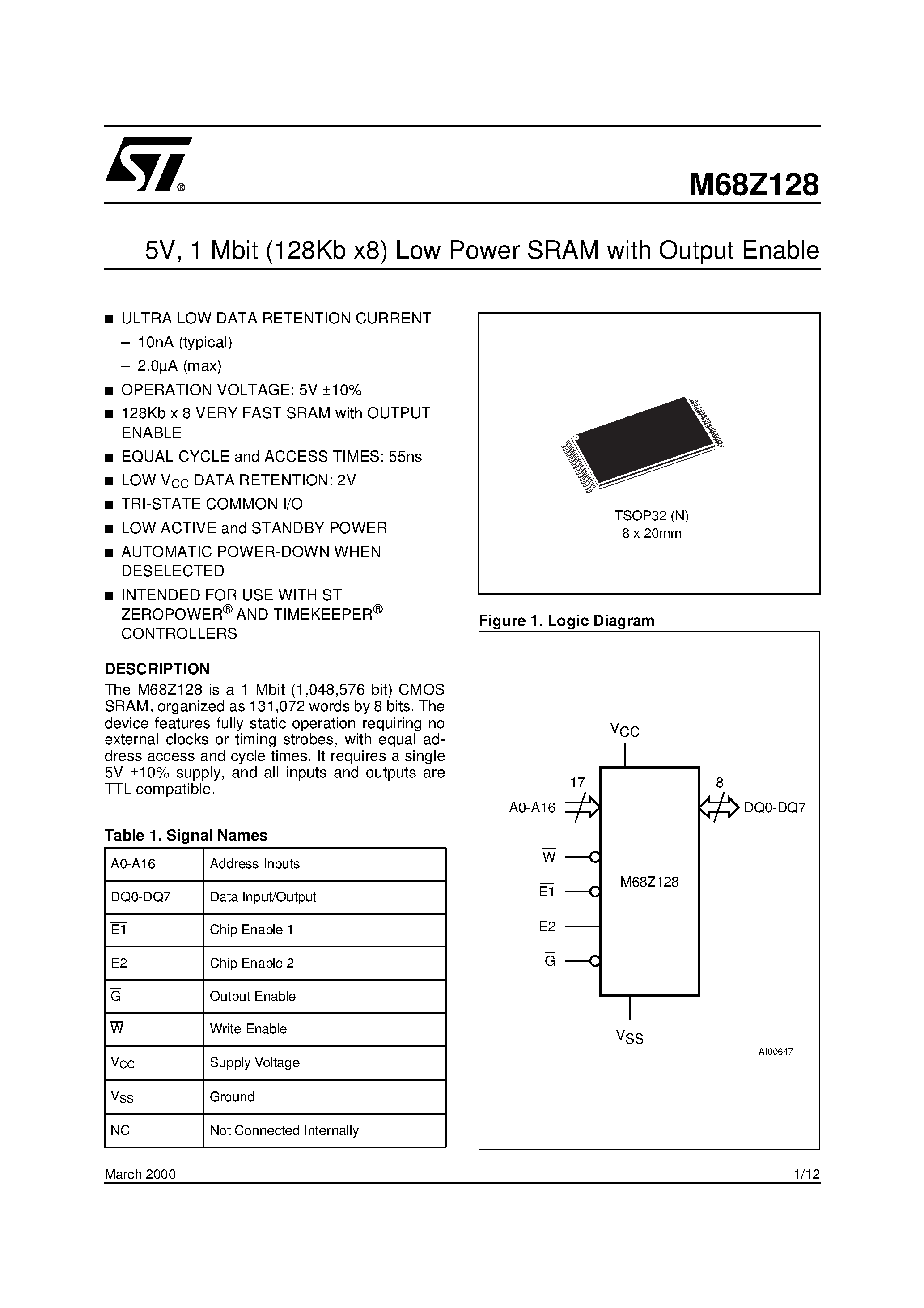 Datasheet M68Z128-55N1 - 5V / 1 Mbit 128Kb x8 Low Power SRAM with Output Enable page 1