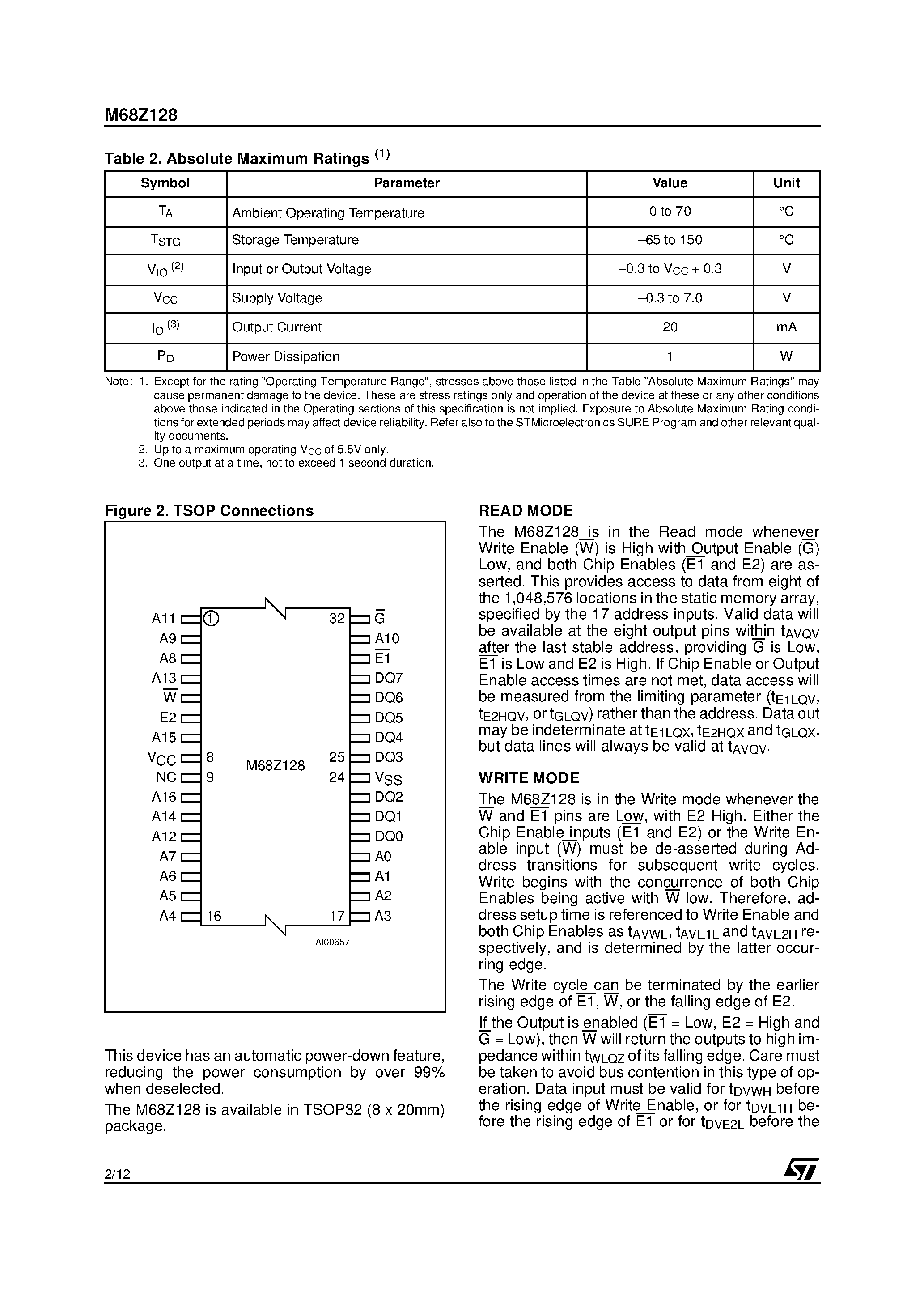 Datasheet M68Z128-55N1 - 5V / 1 Mbit 128Kb x8 Low Power SRAM with Output Enable page 2