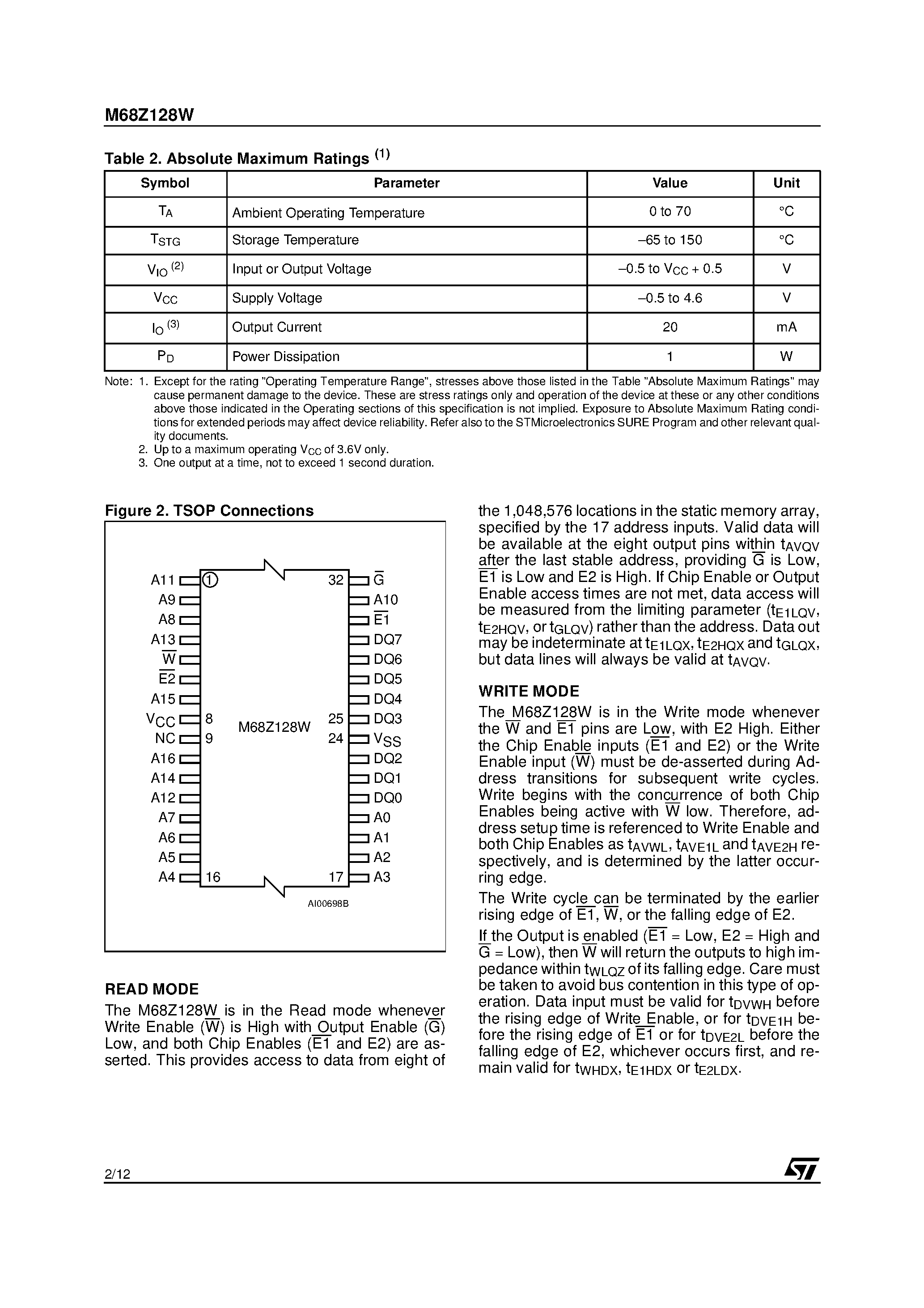 Datasheet M68Z128W - 3V / 1 Mbit 128Kb x8 Low Power SRAM with Output Enable page 2