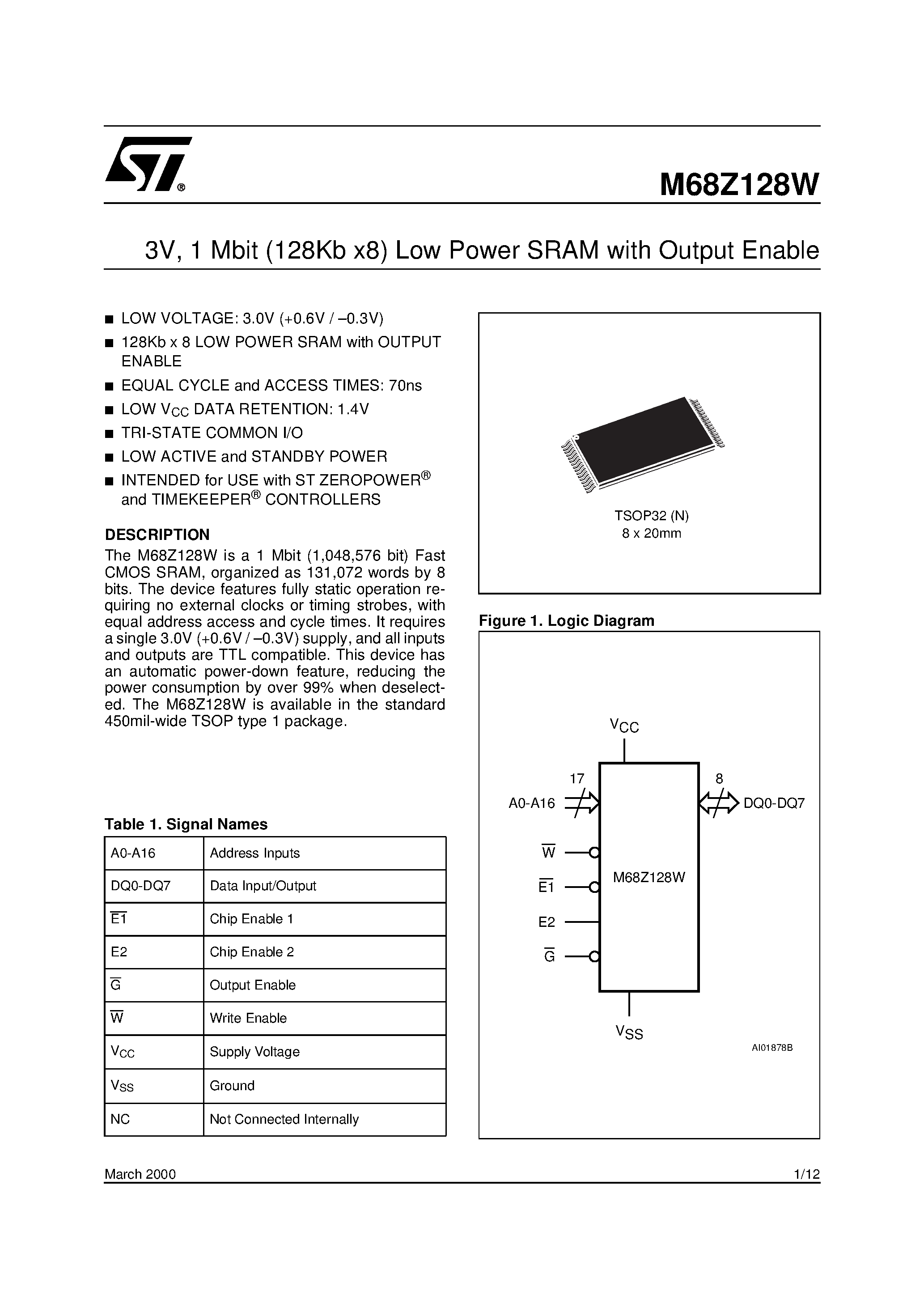 Datasheet M68Z128WN - 3V / 1 Mbit 128Kb x8 Low Power SRAM with Output Enable page 1