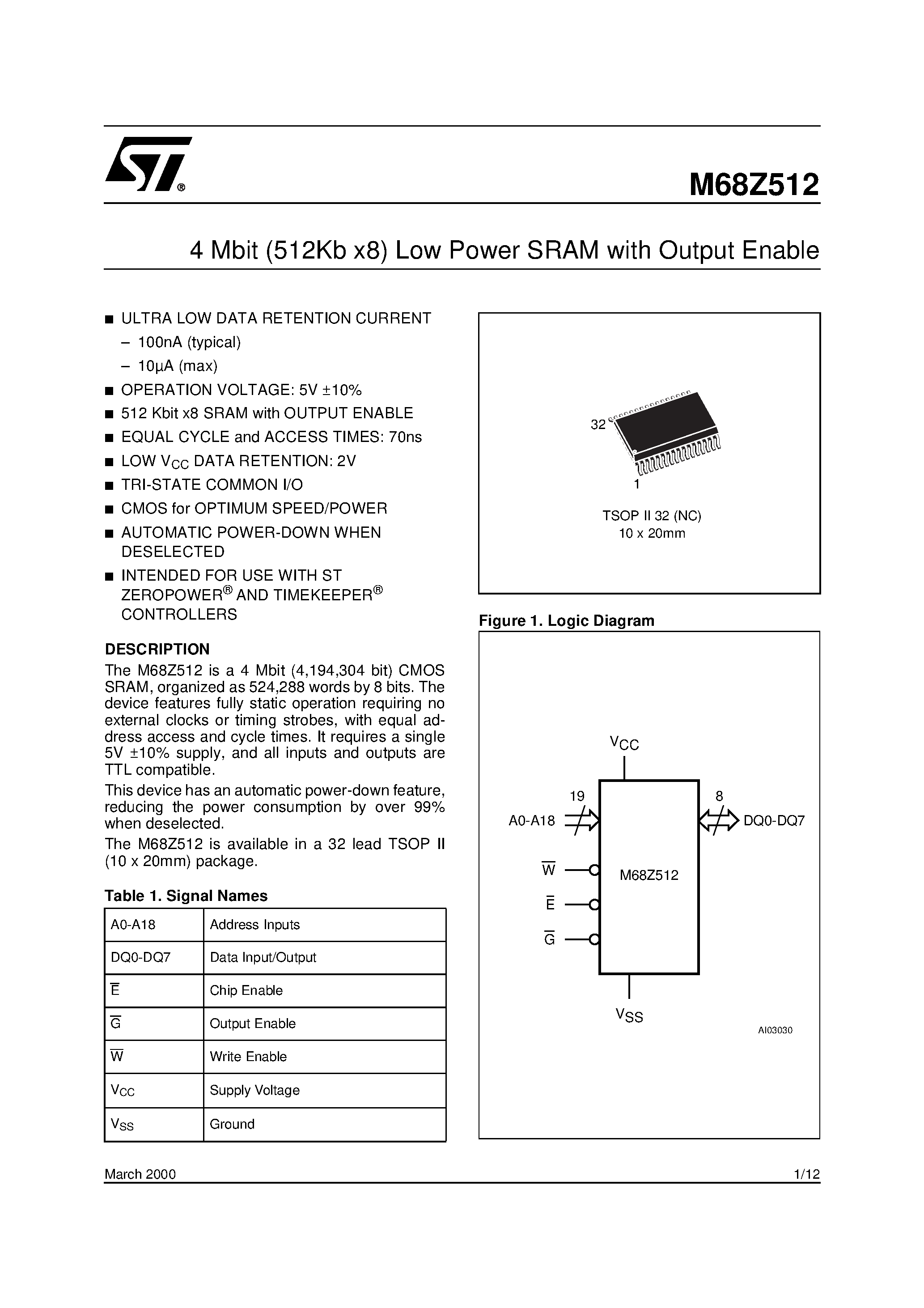 Datasheet M68Z512-70NC1T - 4 Mbit 512Kb x8 Low Power SRAM with Output Enable page 1