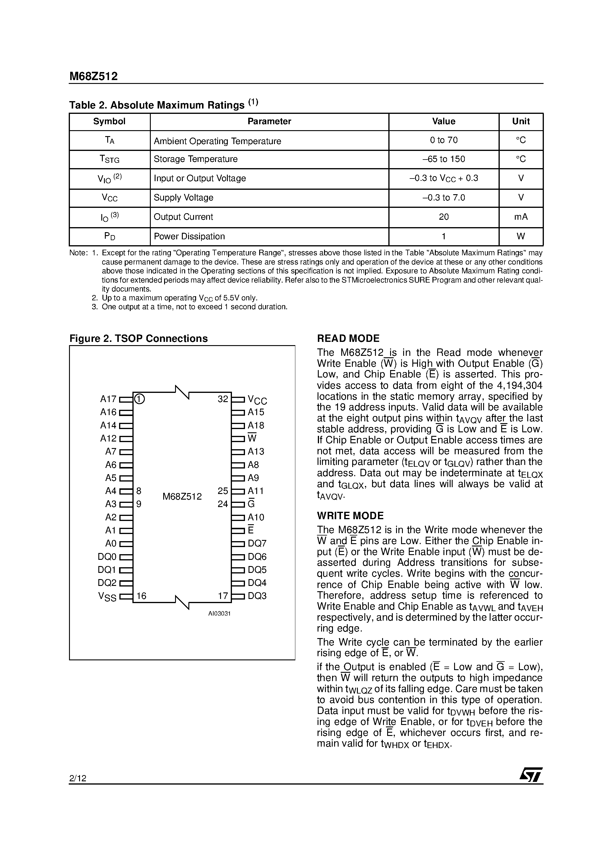 Datasheet M68Z512-70NC1T - 4 Mbit 512Kb x8 Low Power SRAM with Output Enable page 2