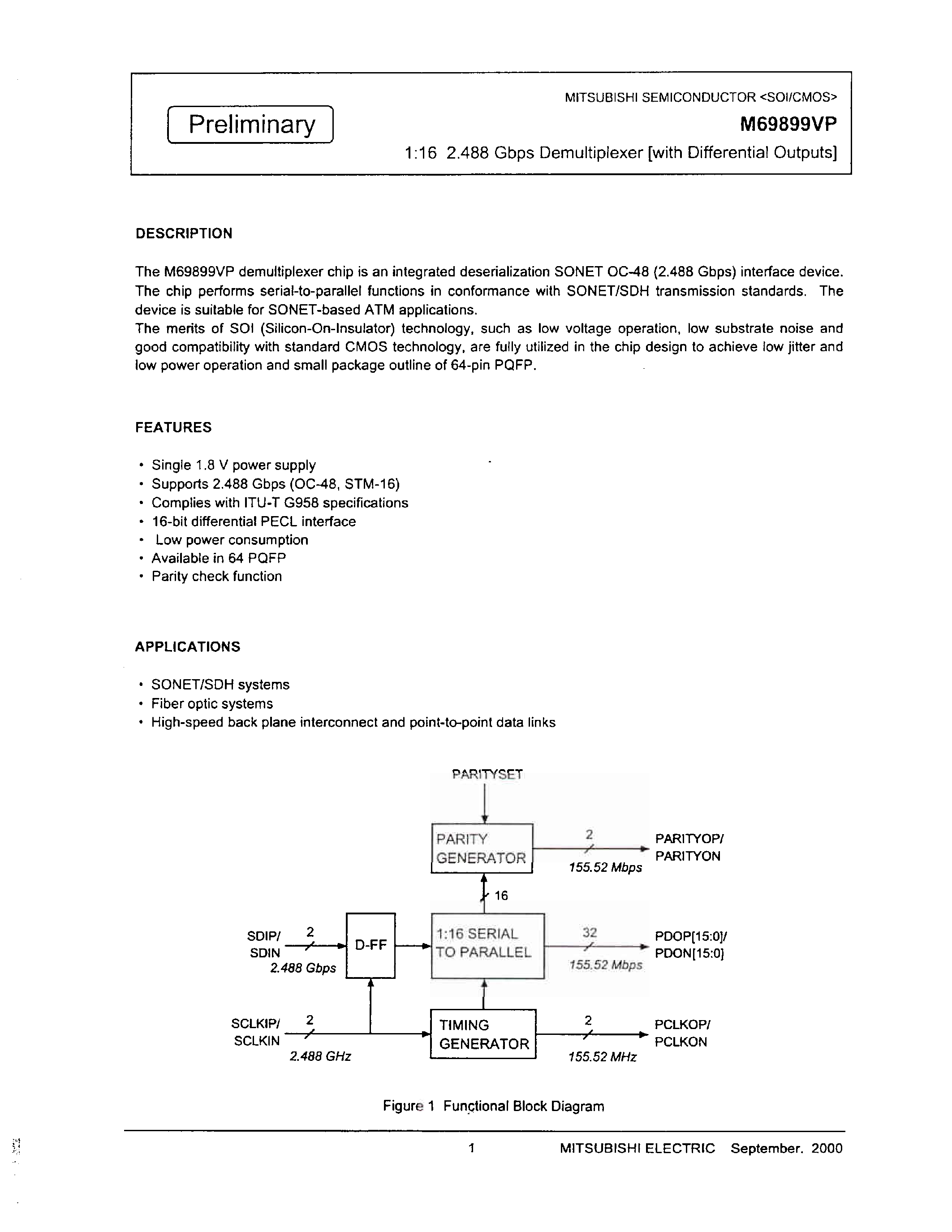Datasheet M69899VP - 16:1 2.488 Gbps Demultiplexer(with Differential Output) page 1