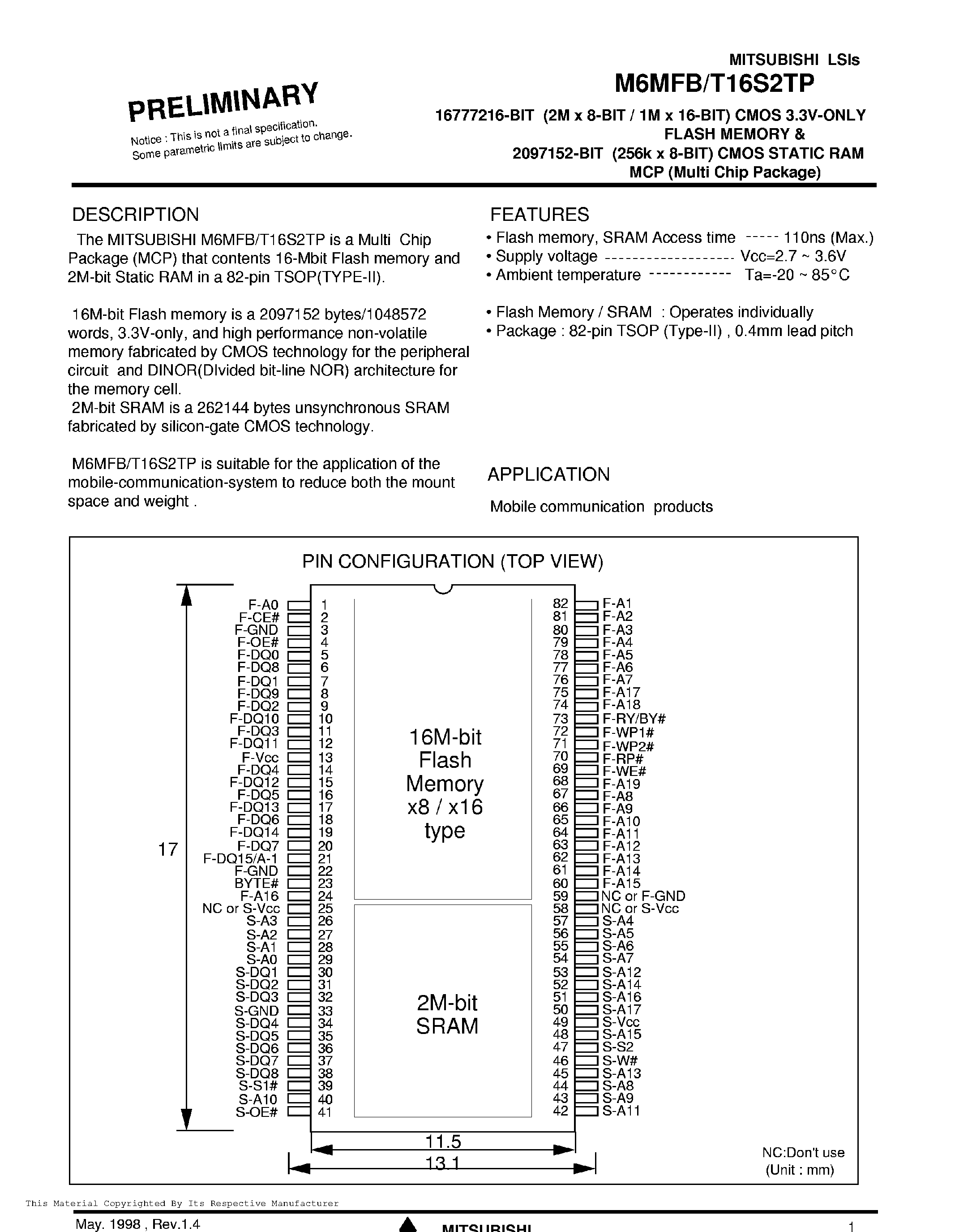 Даташит на микросхему M6MFT16S2TP страница 1 Даташит M6MFT16S2TP - CMOS 3.3V-ONLY FLASH MEMORY & CMOS STATIC RAM MCP страница 1