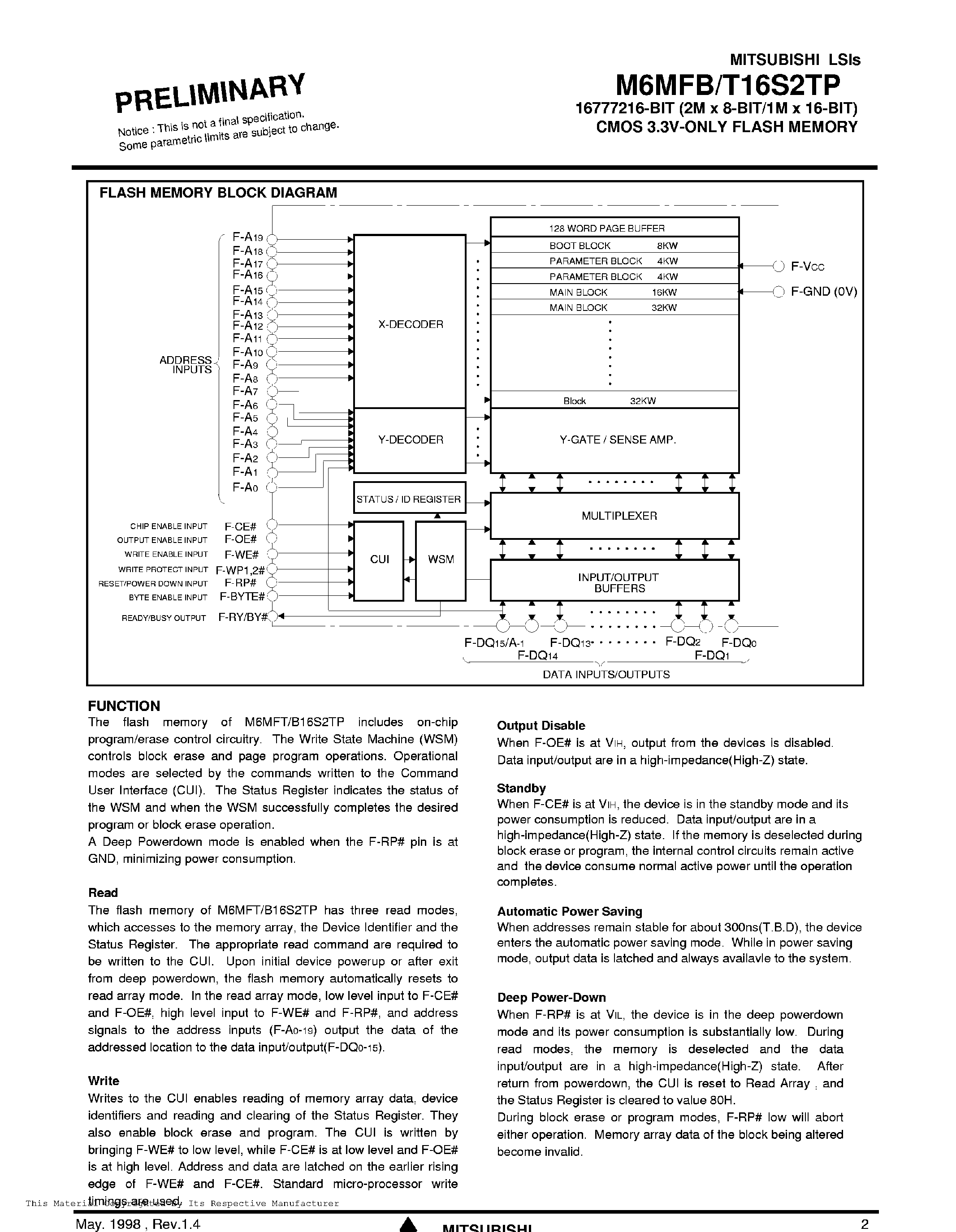 Даташит на микросхему M6MFT16S2TP страница 2 Даташит M6MFT16S2TP - CMOS 3.3V-ONLY FLASH MEMORY & CMOS STATIC RAM MCP страница 2