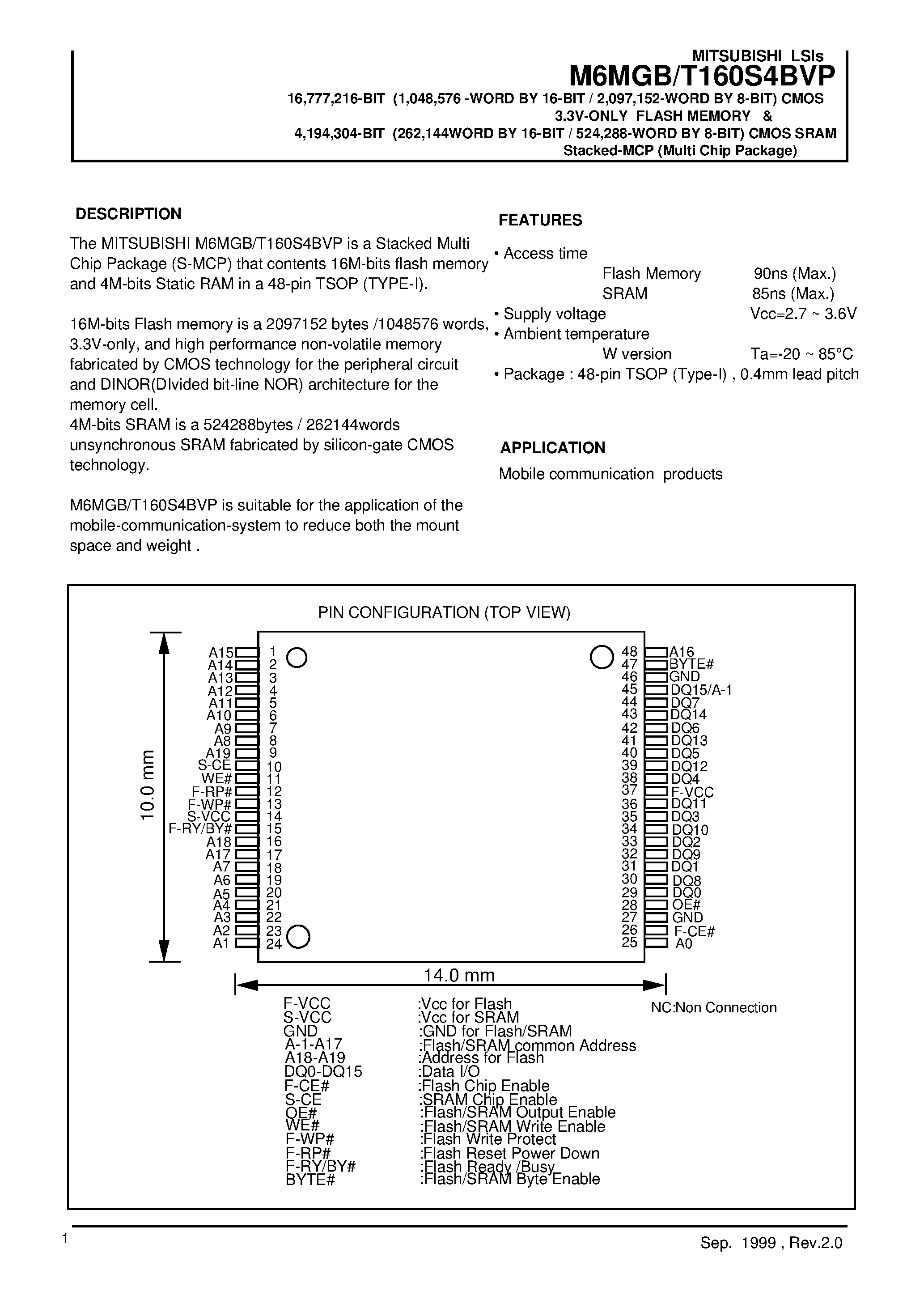 Даташит на микросхему M6MGB160S4BVP страница 1 Даташит M6MGB160S4BVP - CMOS 3.3V-ONLY FLASH MEMORY & CMOS SRAM Stacked-MCP страница 1