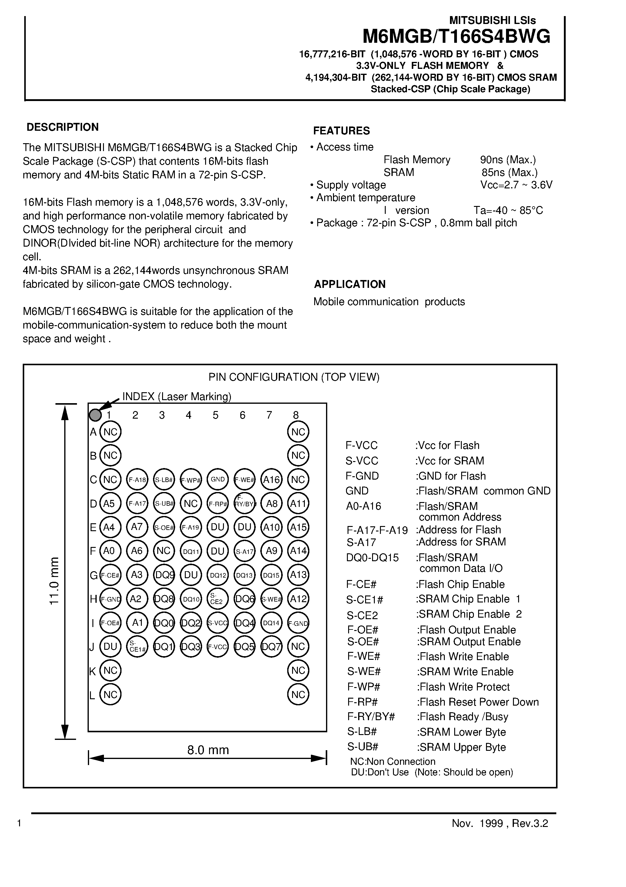 Datasheet M6MGB166S4BWG - CMOS 3.3V-ONLY FLASH MEMORY & CMOS SRAM Stacked-CSP page 1