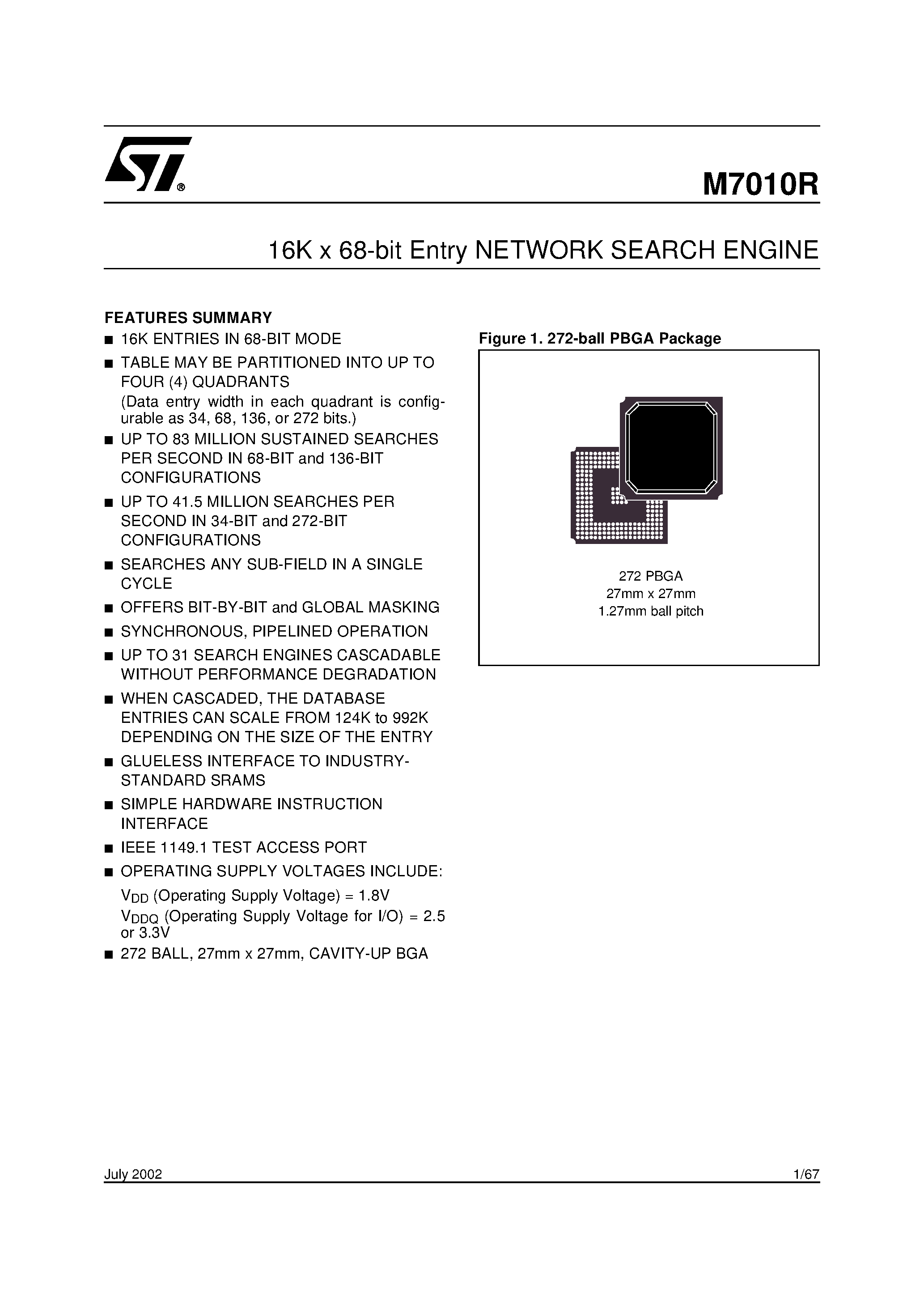Datasheet M7010R page 1 Datasheet M7010R - 16K x 68-bit Entry NETWORK SEARCH ENGINE page 1