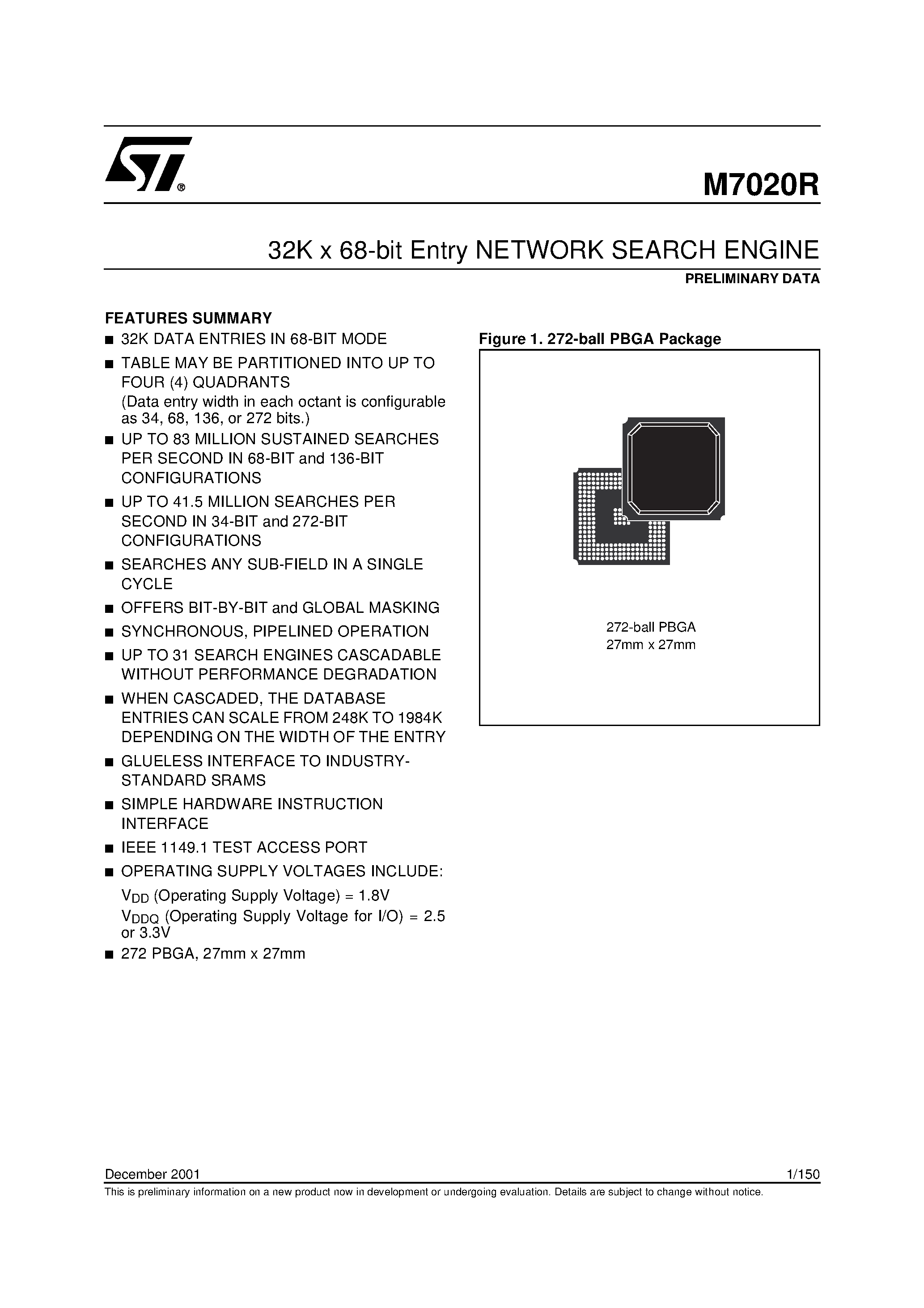 Datasheet M7020R - 32K x 68-bit Entry NETWORK SEARCH ENGINE page 1
