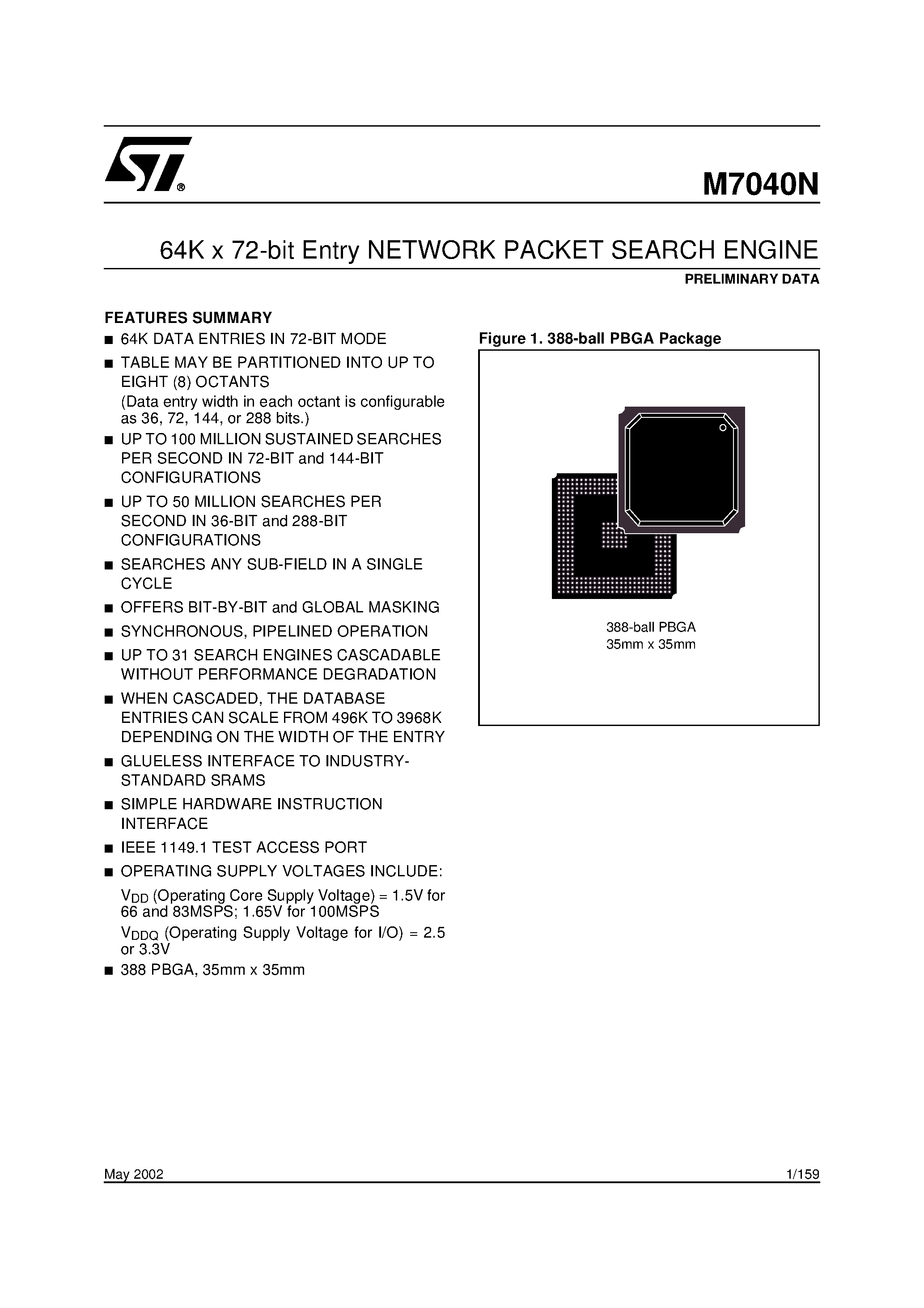 Datasheet M7040N - 64K x 72-bit Entry NETWORK PACKET SEARCH ENGINE page 1