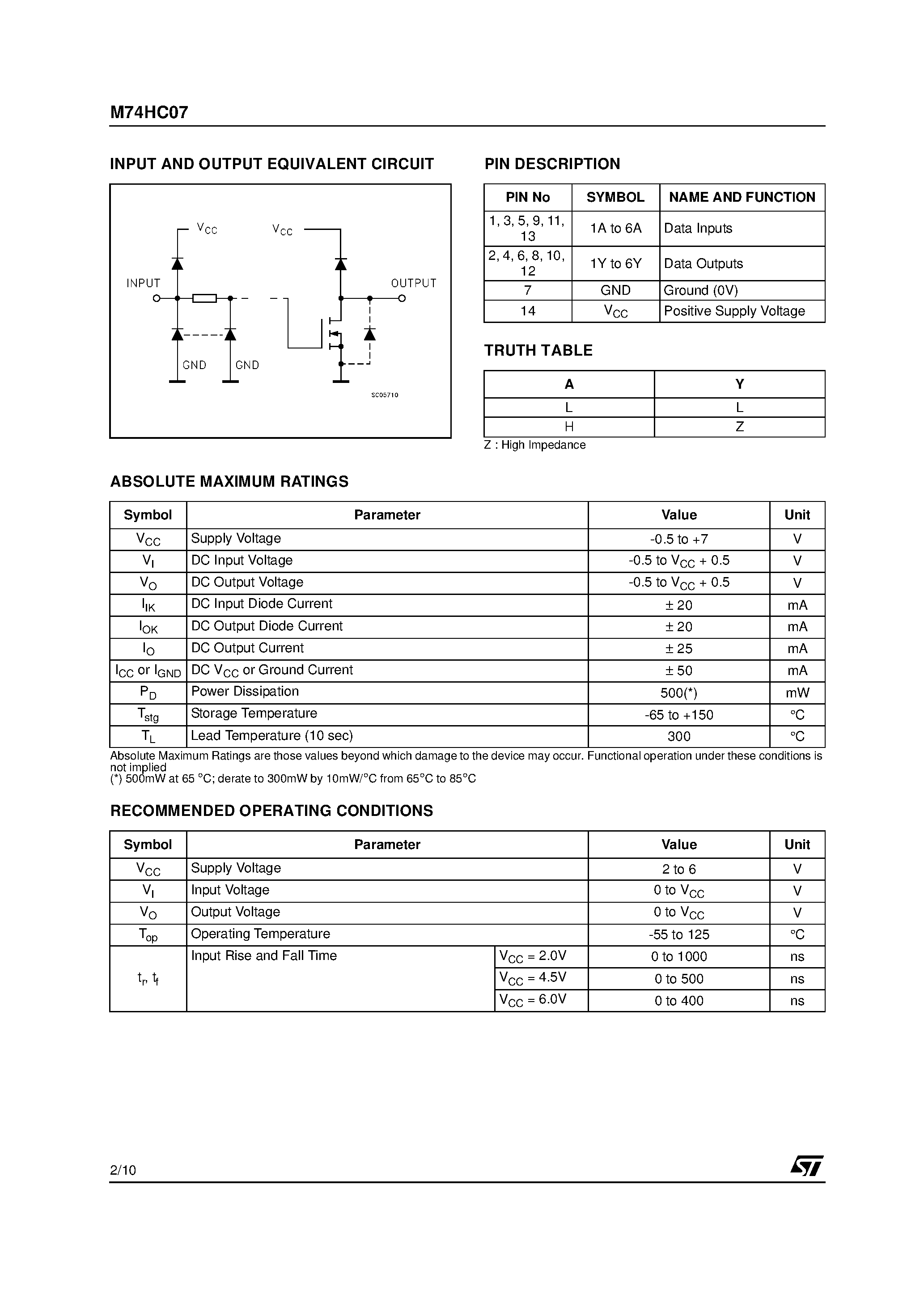 Даташит на микросхему M74HC07 страница 2 Даташит M74HC07 - HEX BUFFER OPEN DRAIN страница 2