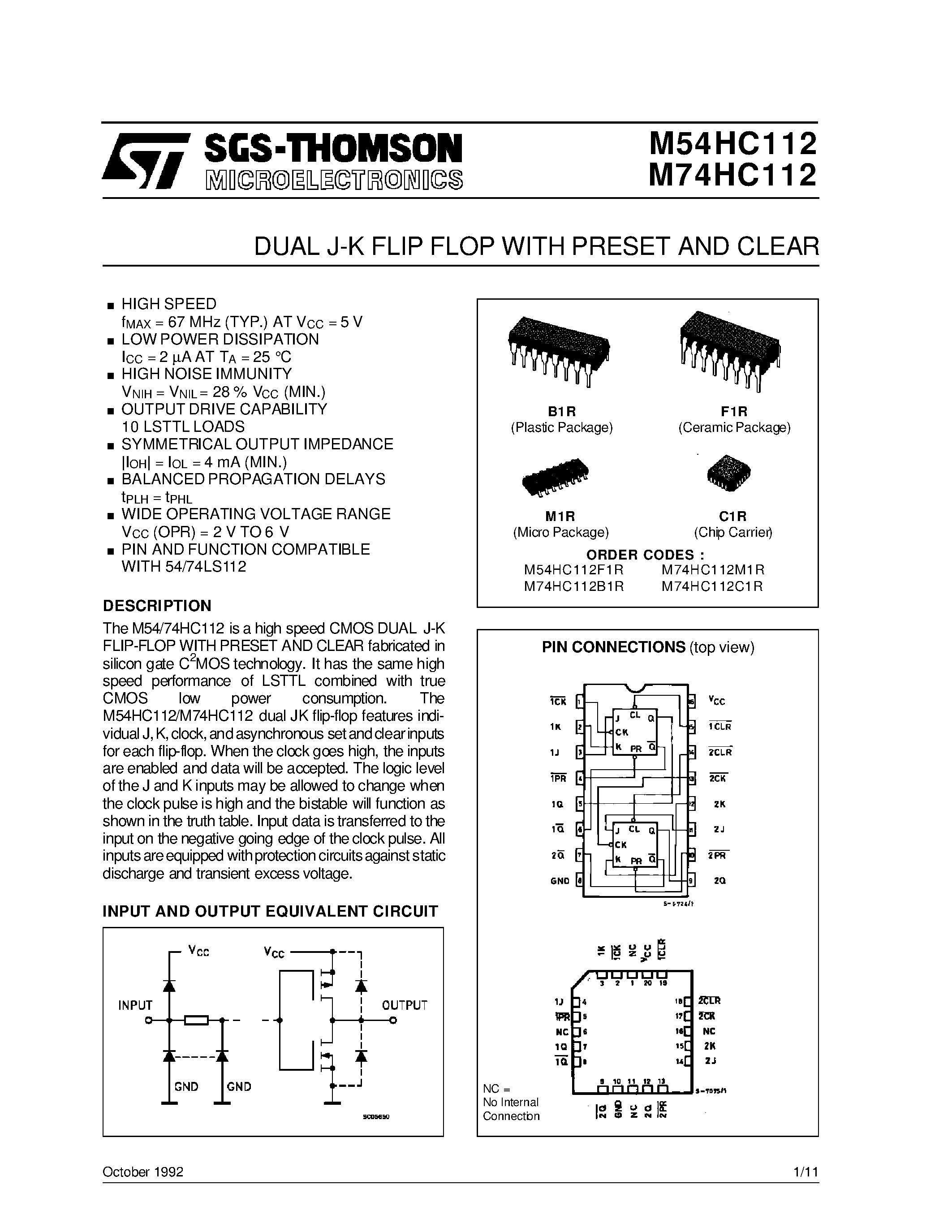 Datasheet M74HC112 - DUAL J-K FLIP FLOP WITH PRESET AND CLEAR page 1