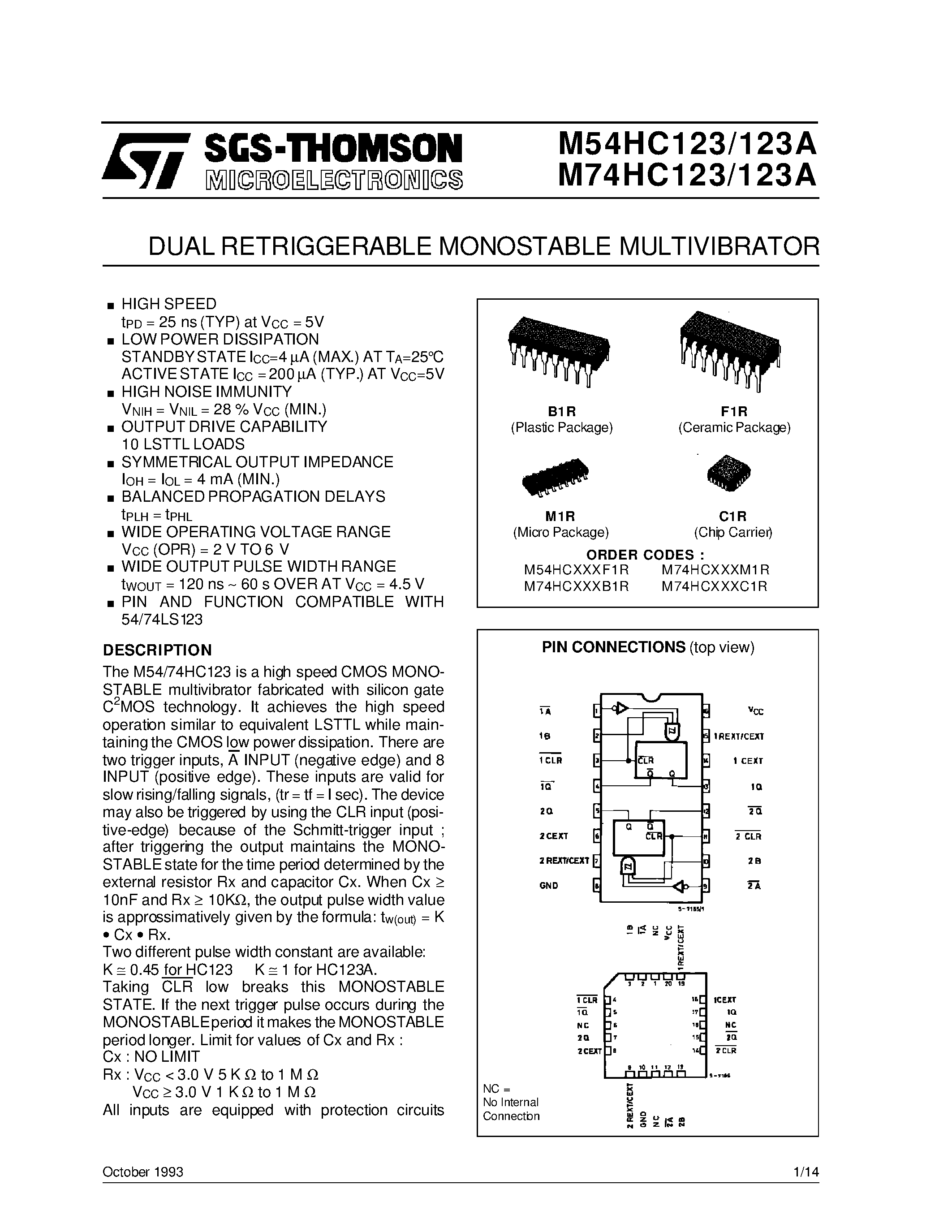 Даташит M74HC123 - DUAL RETRIGGERABLE MONOSTABLE MULTIVIBRATOR страница 1