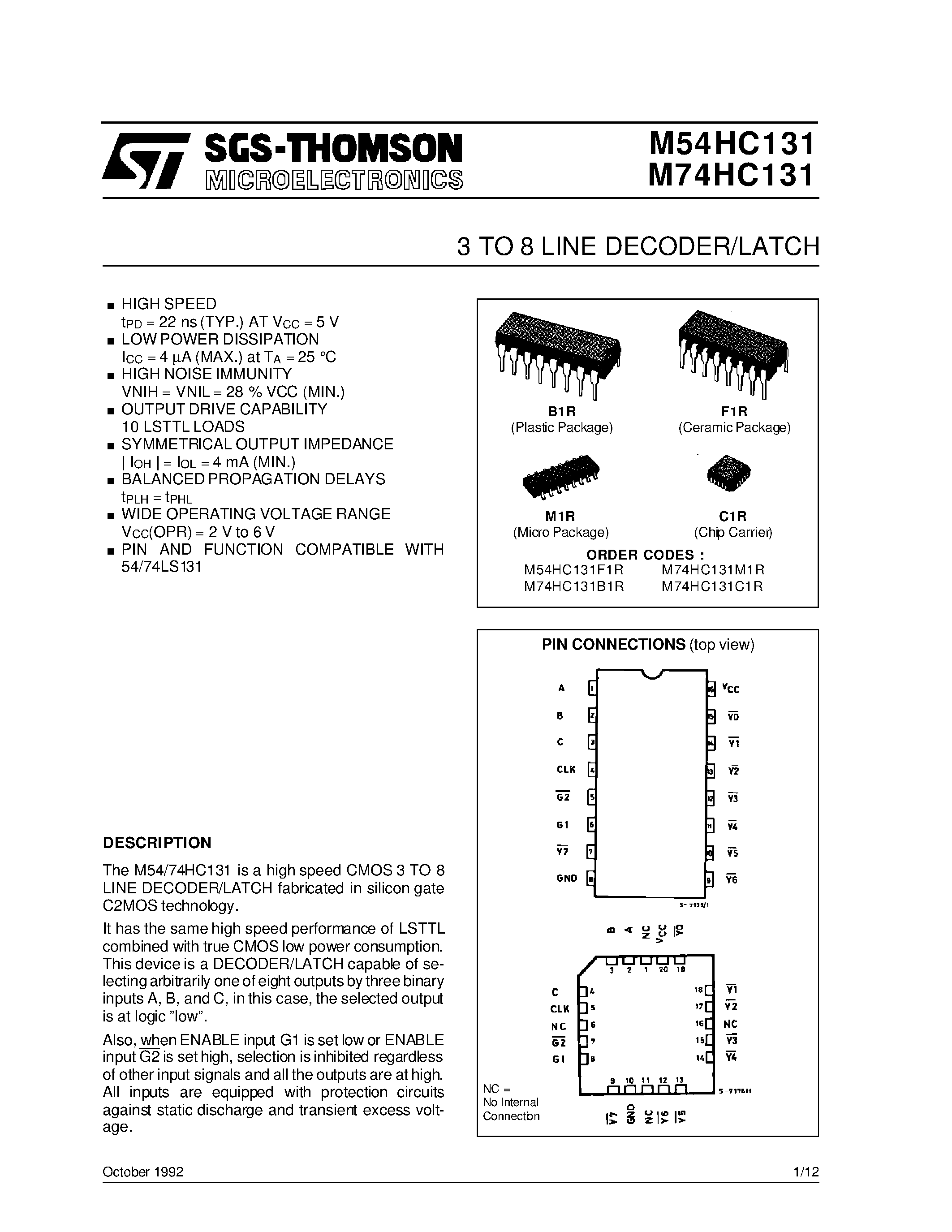 Datasheet M74HC131 - 3 TO 8 LINE DECODER/LATCH page 1