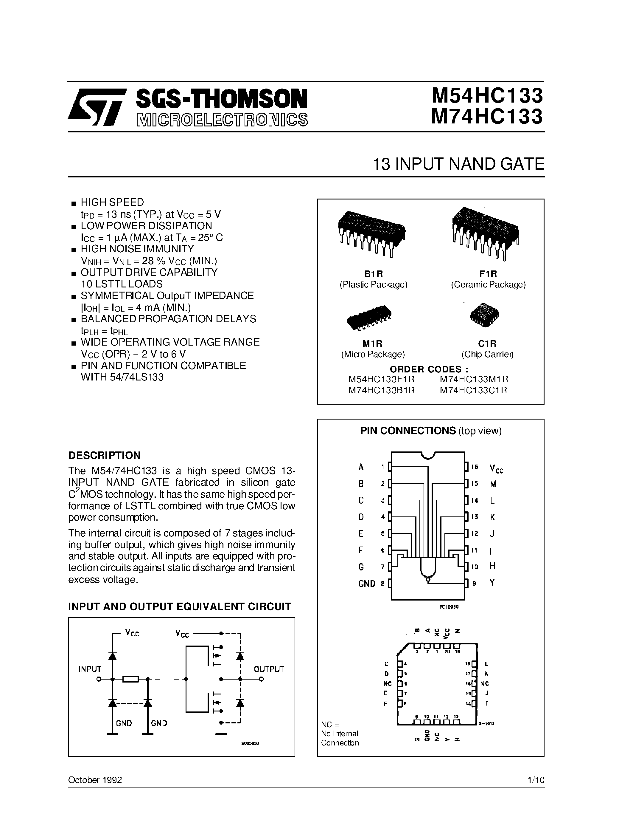 Даташит M74HC133 - 13 INPUT NAND GATE страница 1