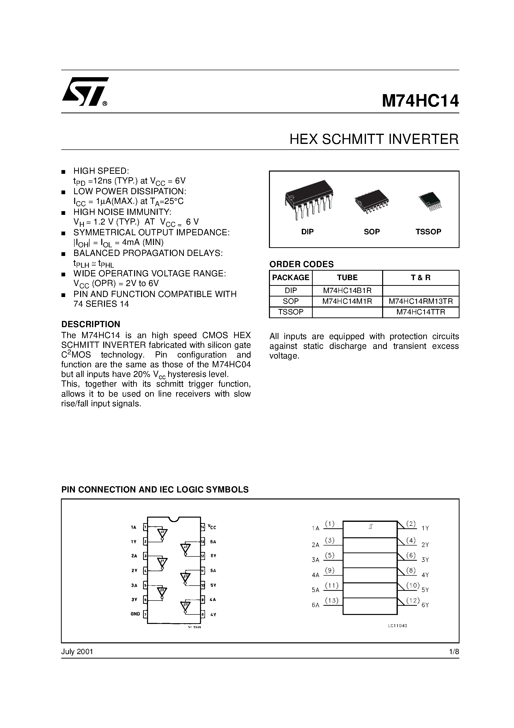 Даташит M74HC14 - HEX SCHMITT INVERTER страница 1