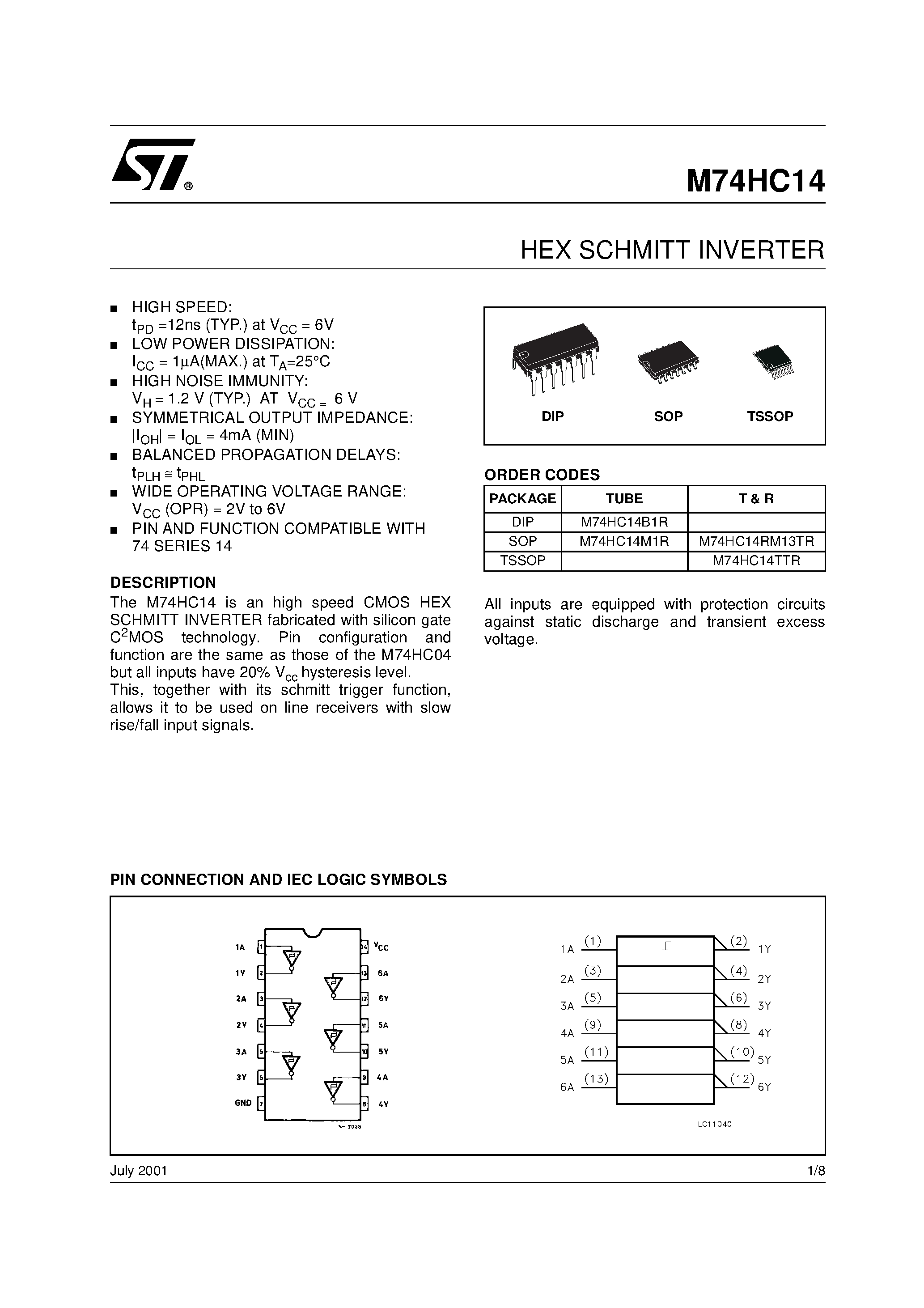 Datasheet M74HC14 - HEX SCHMITT INVERTER page 1