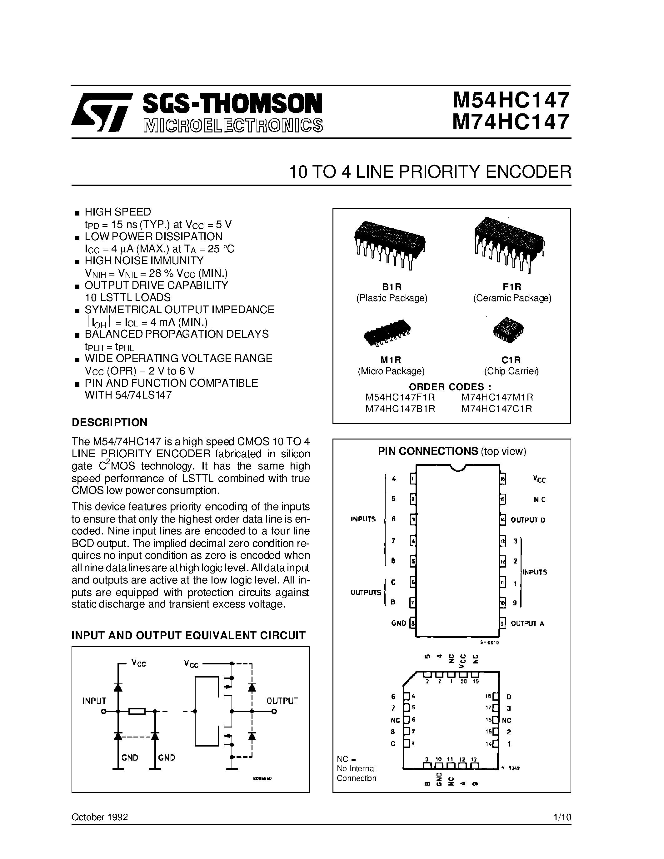 Даташит M74HC147 - 10 TO 4 LINE PRIORITY ENCODER страница 1