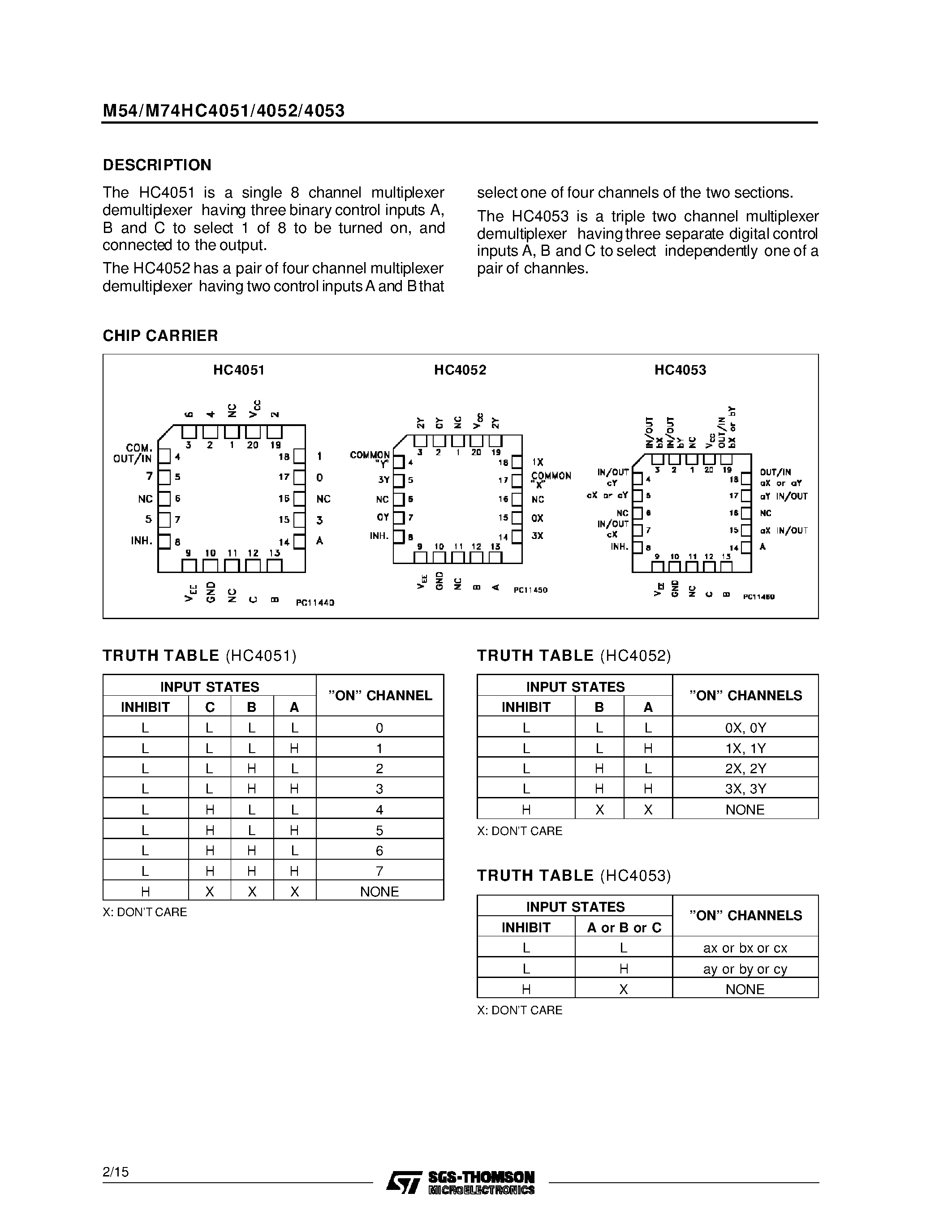 Datasheet M74HC4052C1R - ANALOGMULTIPLEXER/DEMULTIPLEXER: SINGLE8CHANNEL / DUAL 4CHANNEL / TRIPLE2CHANNEL page 2