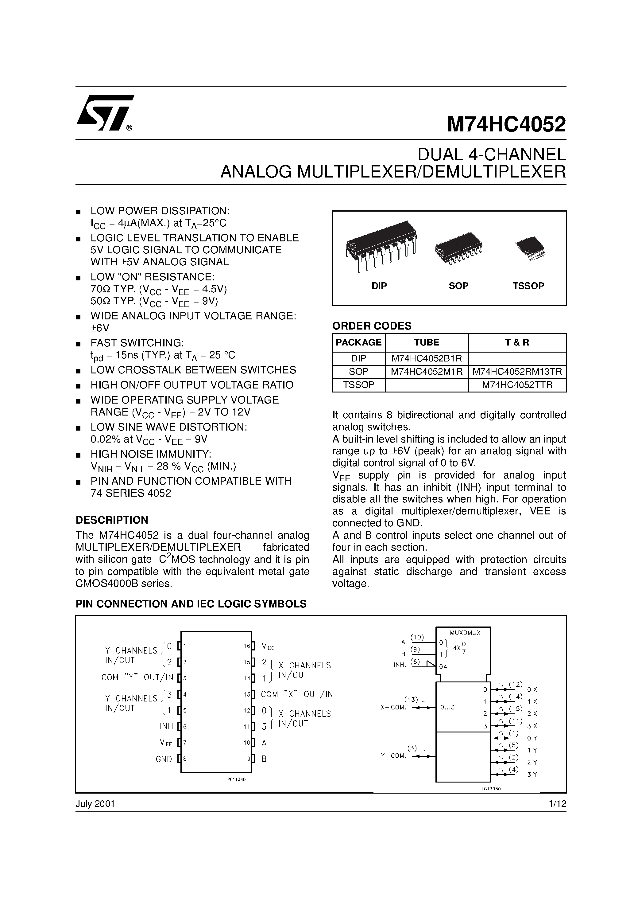 Datasheet M74HC4052TTR - DUAL 4-CHANNEL ANALOG MULTIPLEXER/DEMULTIPLEXER page 1