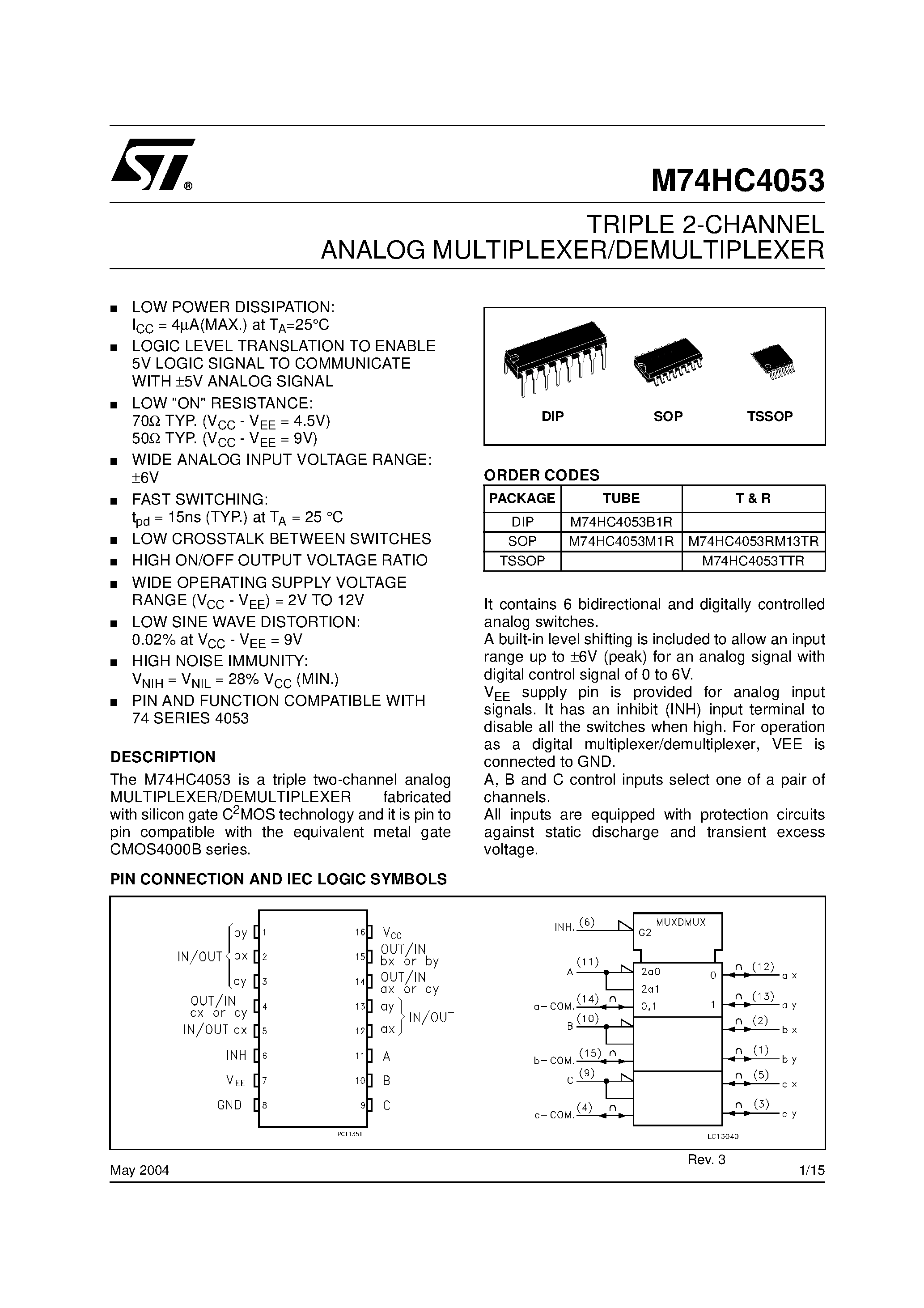 Datasheet M74HC4053RM13TR - TRIPLE 2-CHANNEL ANALOG MULTIPLEXER/DEMULTIPLEXER page 1