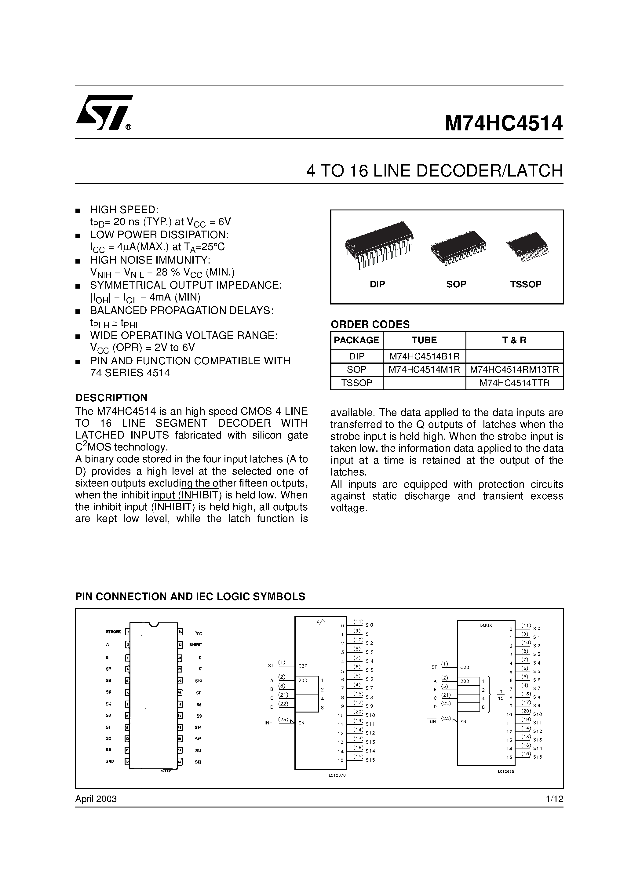 Datasheet M74HC4514 page 1 Datasheet M74HC4514 - HC4514: 4 TO 16 LINE DECODER/LATCH HC4515: 4 TO 16 LINE DECODER LATCH INV. page 1