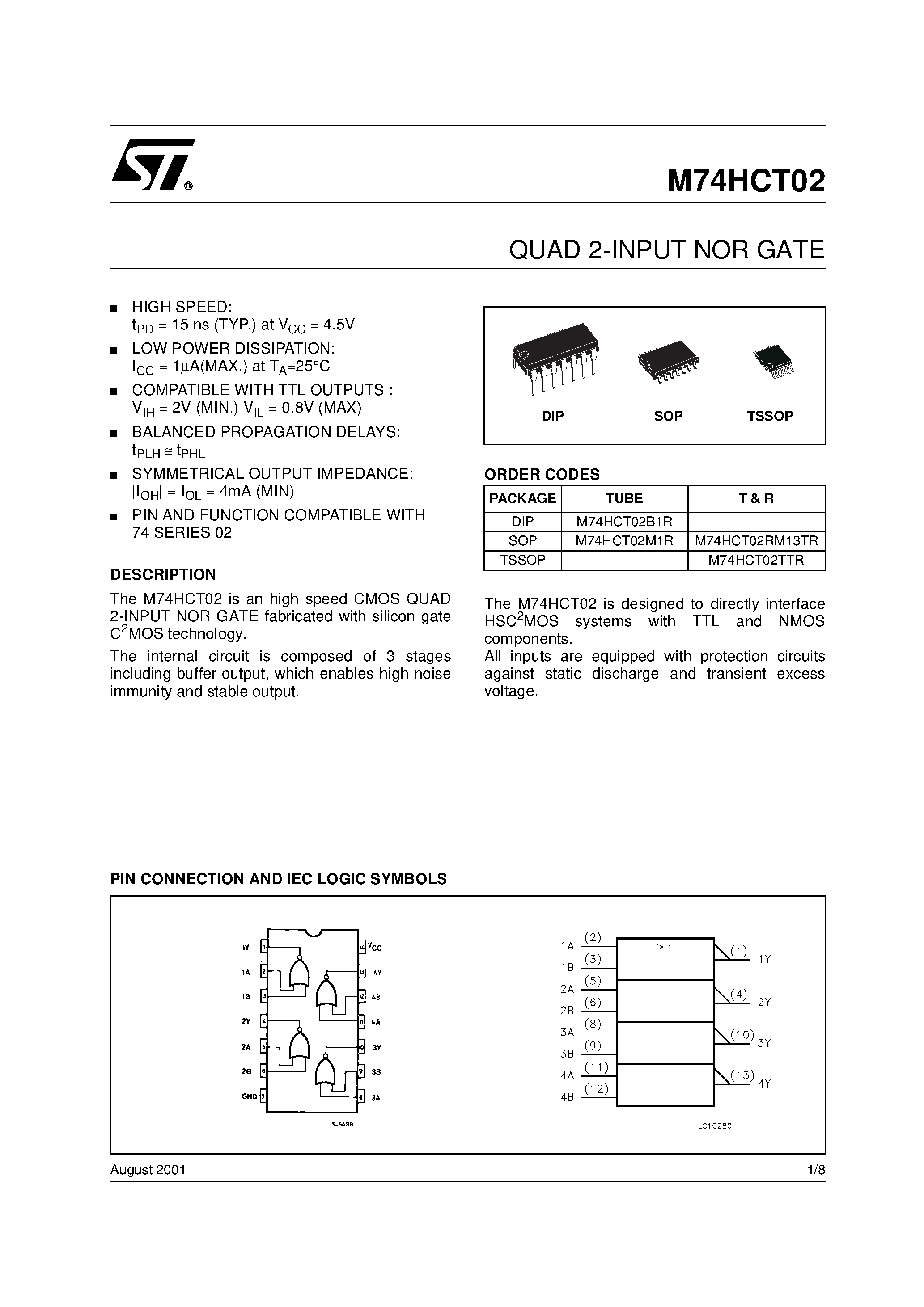 Даташит на микросхему M74HCT02 страница 1 Даташит M74HCT02 - QUAD 2-INPUT NOR GATE страница 1