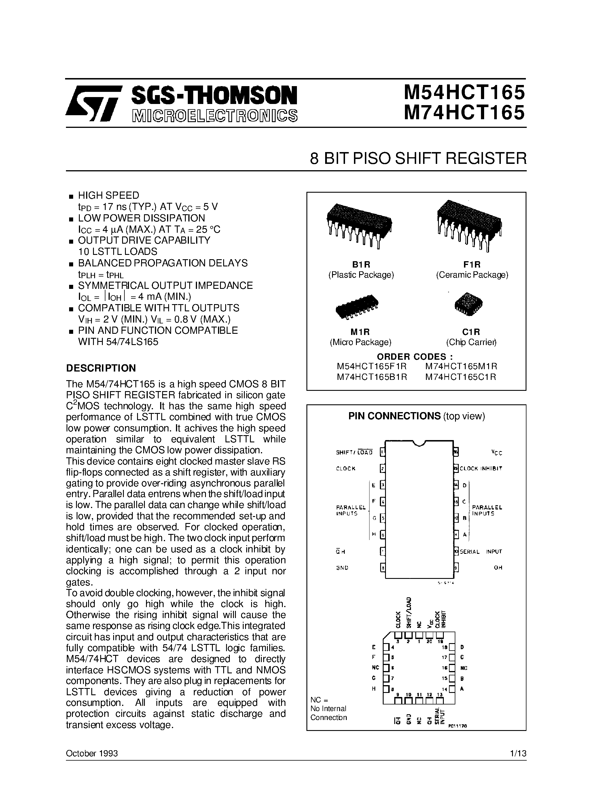 Datasheet M74HCT165 page 1 Datasheet M74HCT165 - 8 BIT PISO SHIFT REGISTER page 1