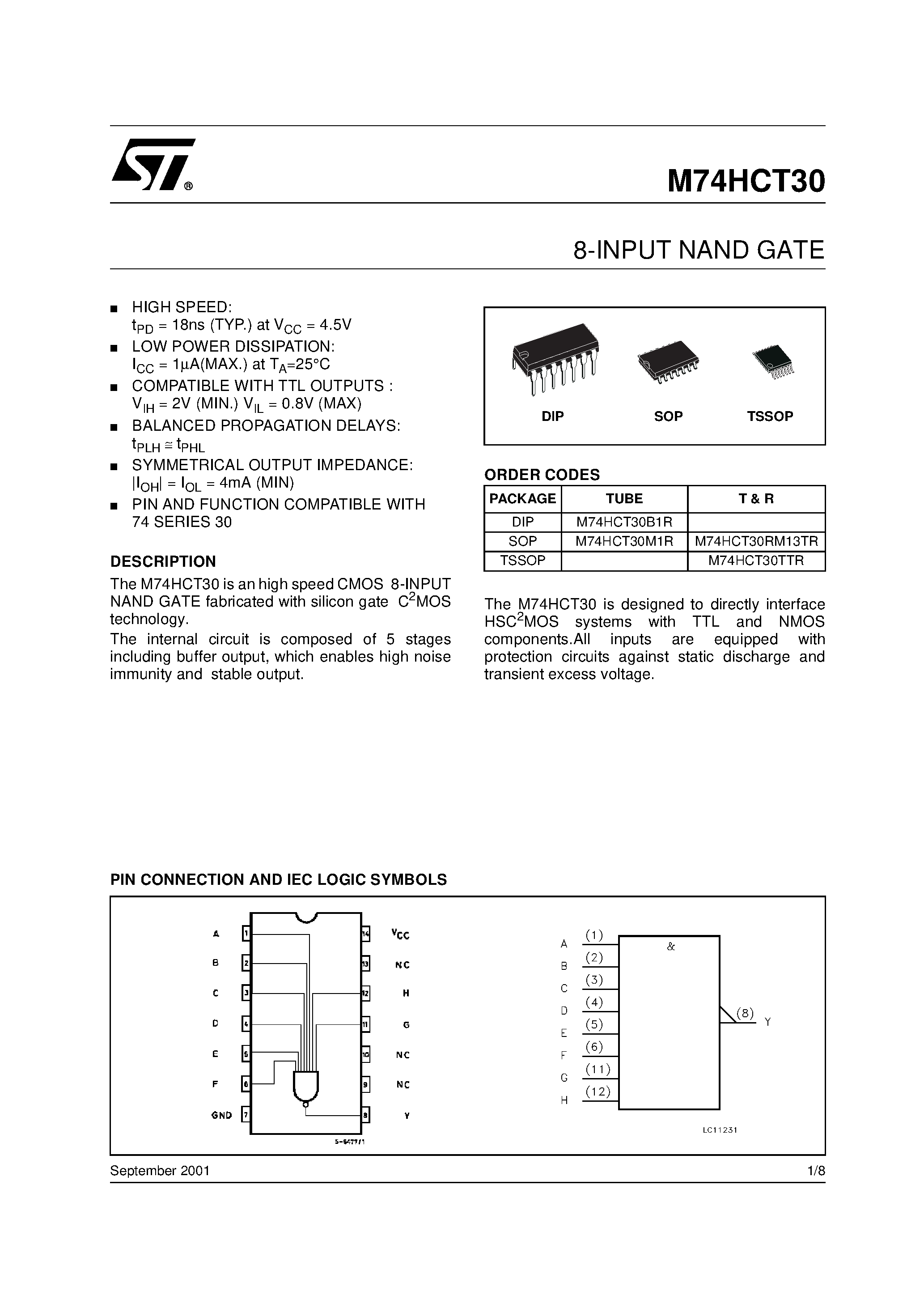Datasheet M74HCT30 - 8-INPUT NAND GATE page 1