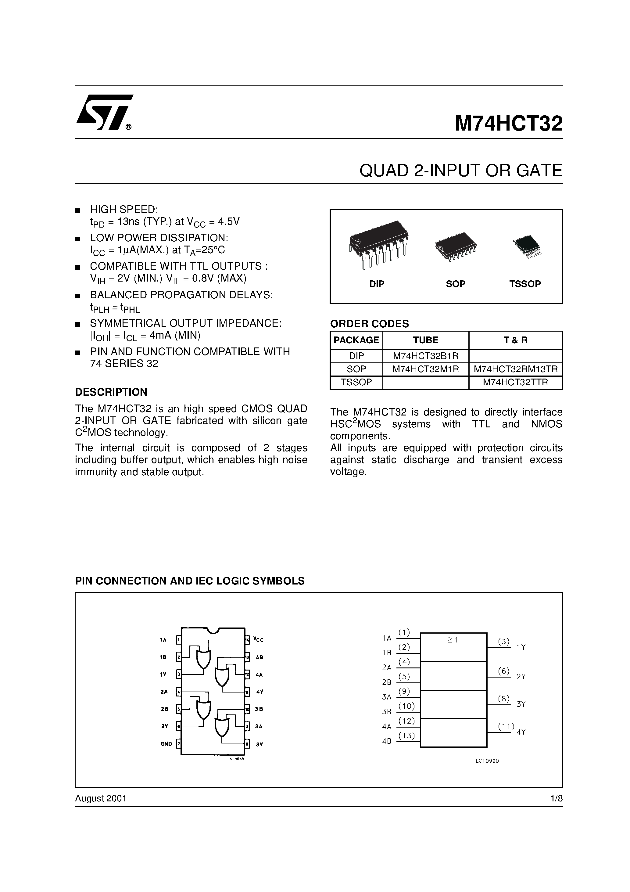 Datasheet M74HCT32 - QUAD 2-INPUT OR GATE page 1
