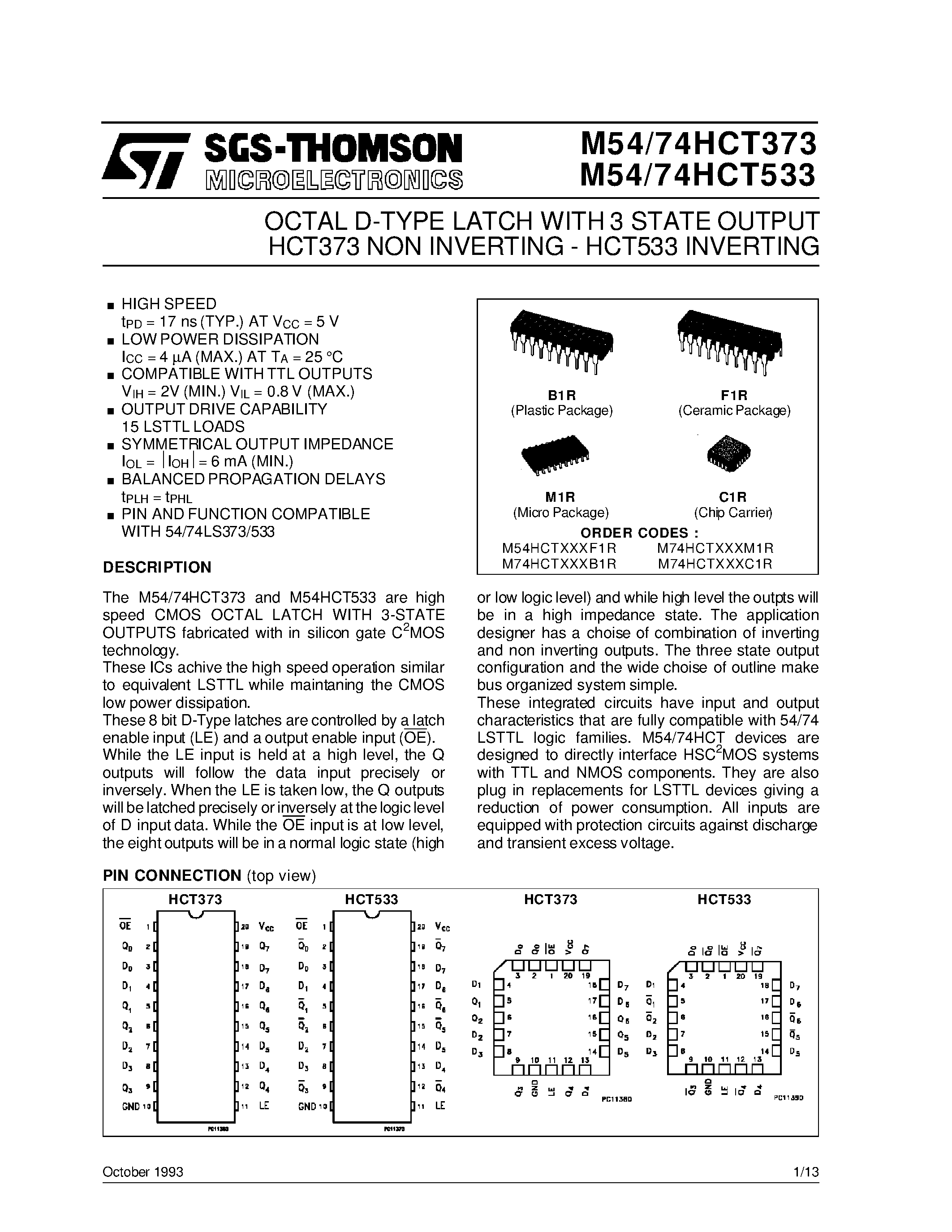 Datasheet M74HCT373 - OCTAL D-TYPE LATCH WITH 3 STATE OUTPUT HCT373 NON INVERTING - HCT533 INVERTING page 1