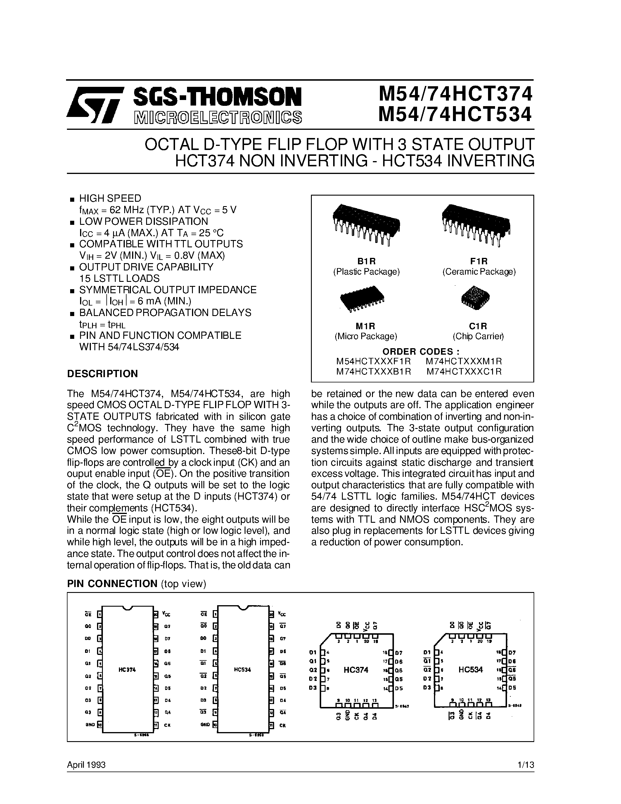 Datasheet M74HCT374 - OCTAL D-TYPE FLIP FLOP WITH 3 STATE OUTPUT HCT374 NON INVERTING - HCT534 INVERTING page 1