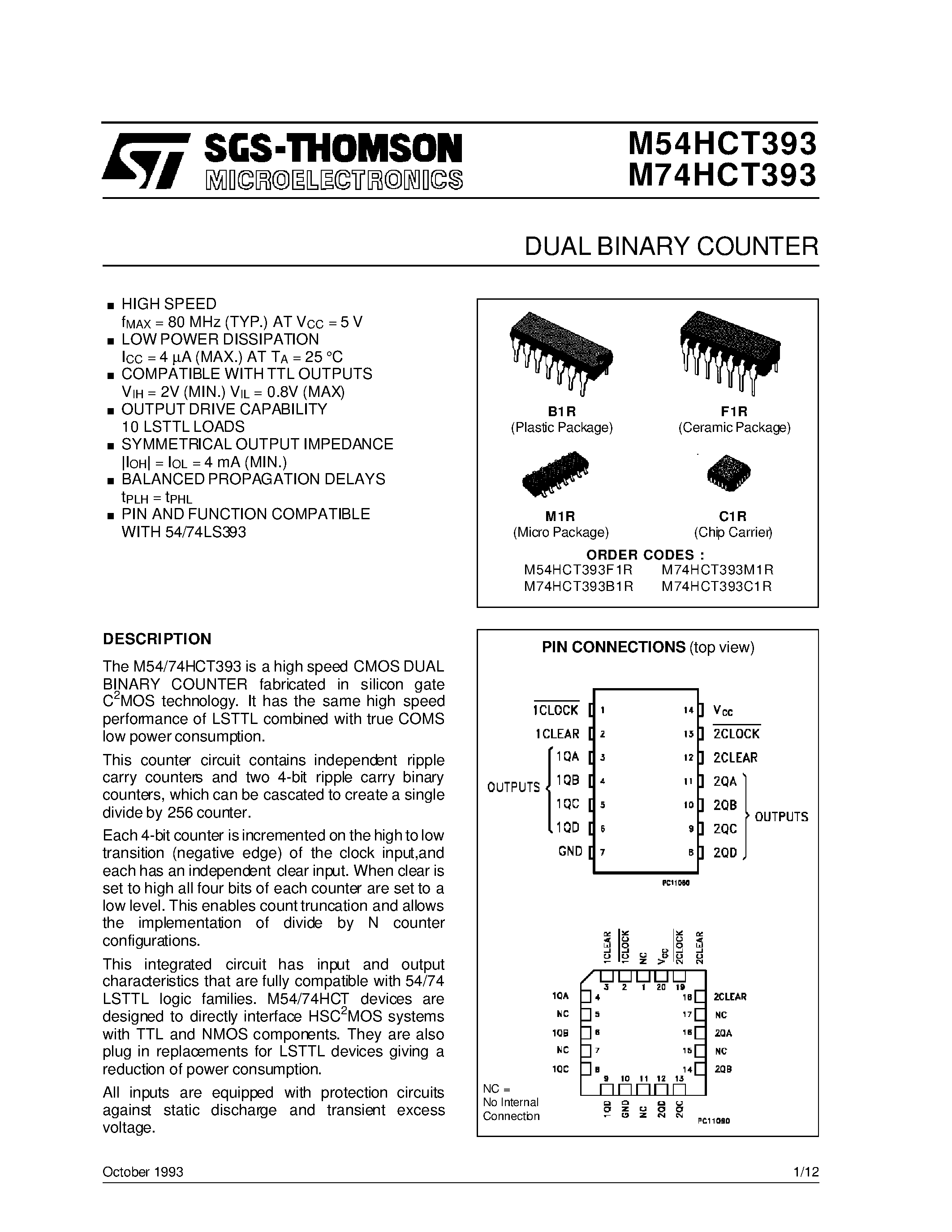 Datasheet M74HCT393 - DUAL BINARY COUNTER page 1