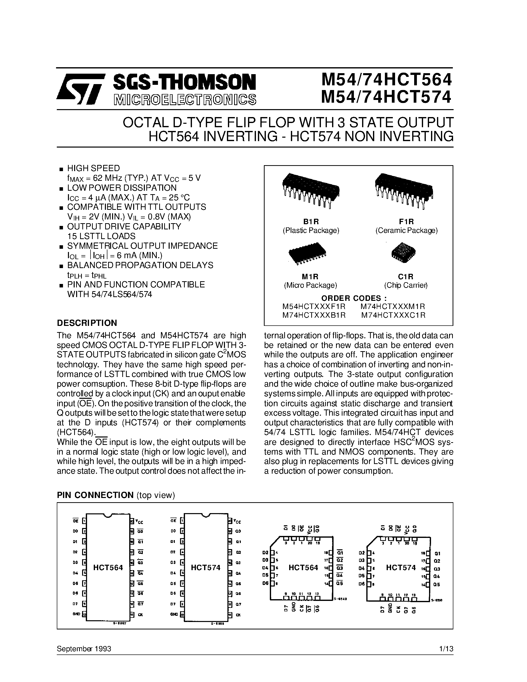Datasheet M74HCT564 - OCTAL D-TYPE FLIP FLOP WITH 3 STATE OUTPUT HCT564 INVERTING - HCT574 NON INVERTING page 1