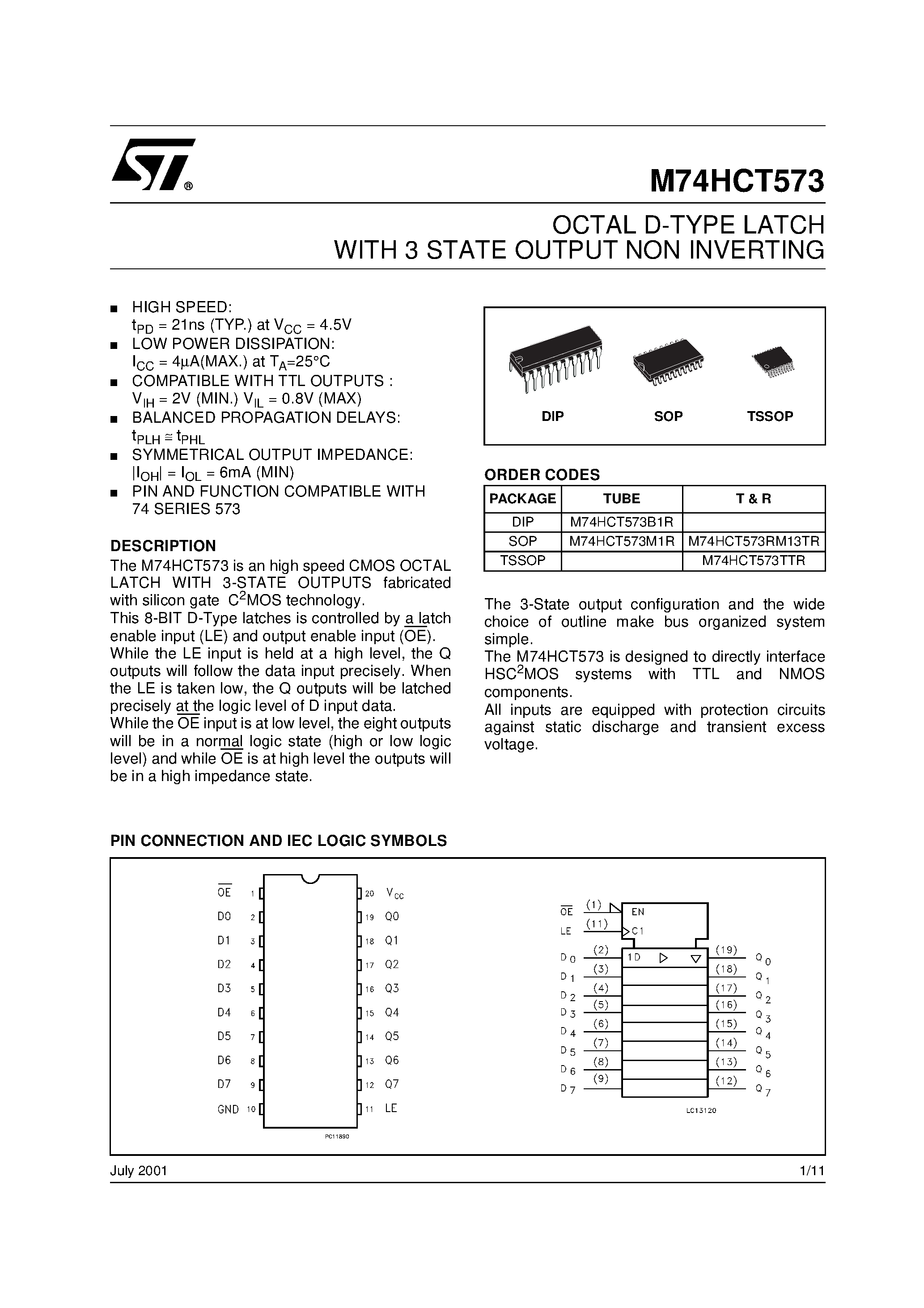 Даташит M74HCT573 - OCTAL D-TYPE LATCH WITH 3 STATE OUTPUT NON INVERTING страница 1