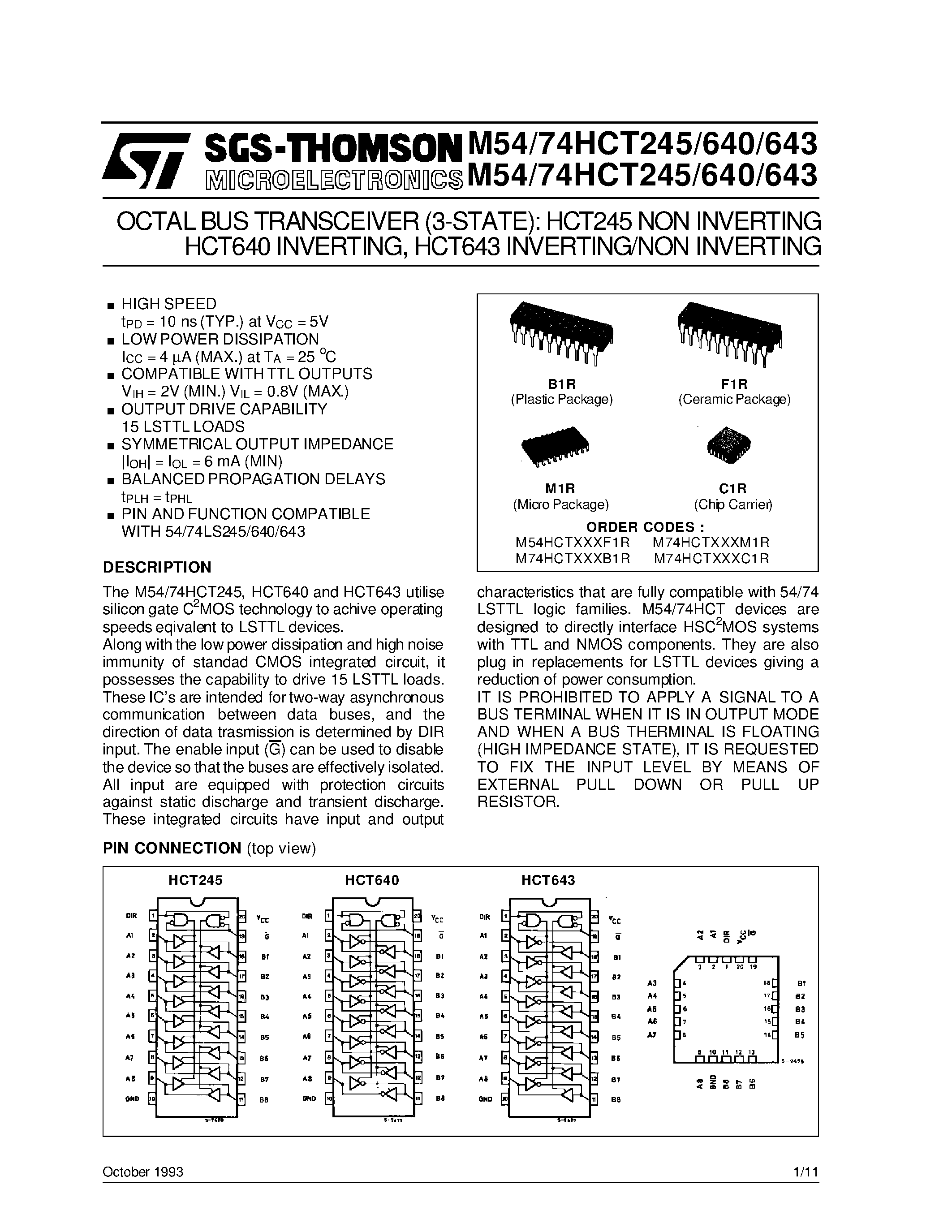 Datasheet M74HCT640 - OCTAL BUS TRANSCEIVER3-STATE: HCT245 NON INVERTING HCT640 INVERTING / HCT643 INVERTING/NON INVERTING page 1