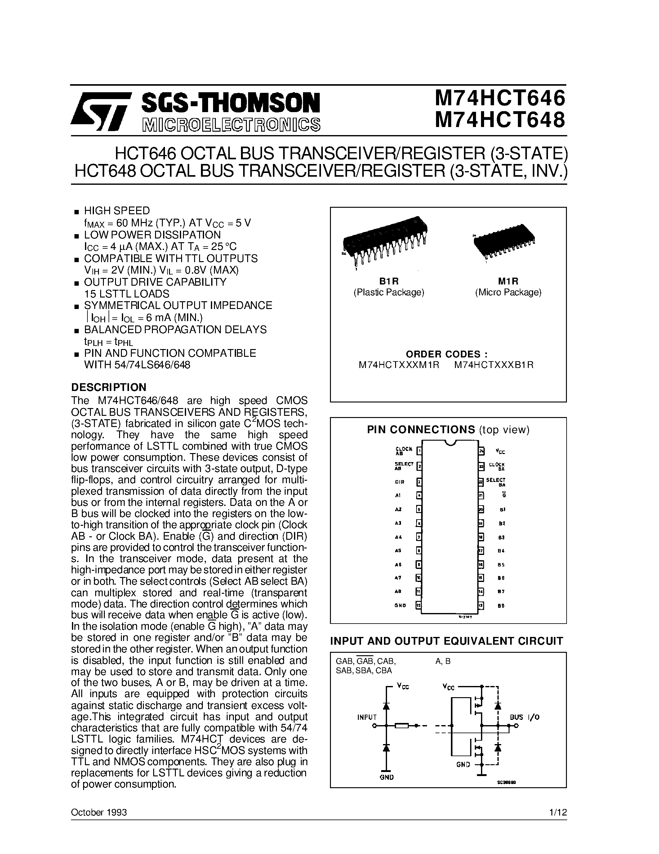 Datasheet M74HCT646 - HCT646 OCTAL BUS TRANSCEIVER/REGISTER 3-STATE HCT648 OCTAL BUS TRANSCEIVER/REGISTER 3-STATE / INV. page 1