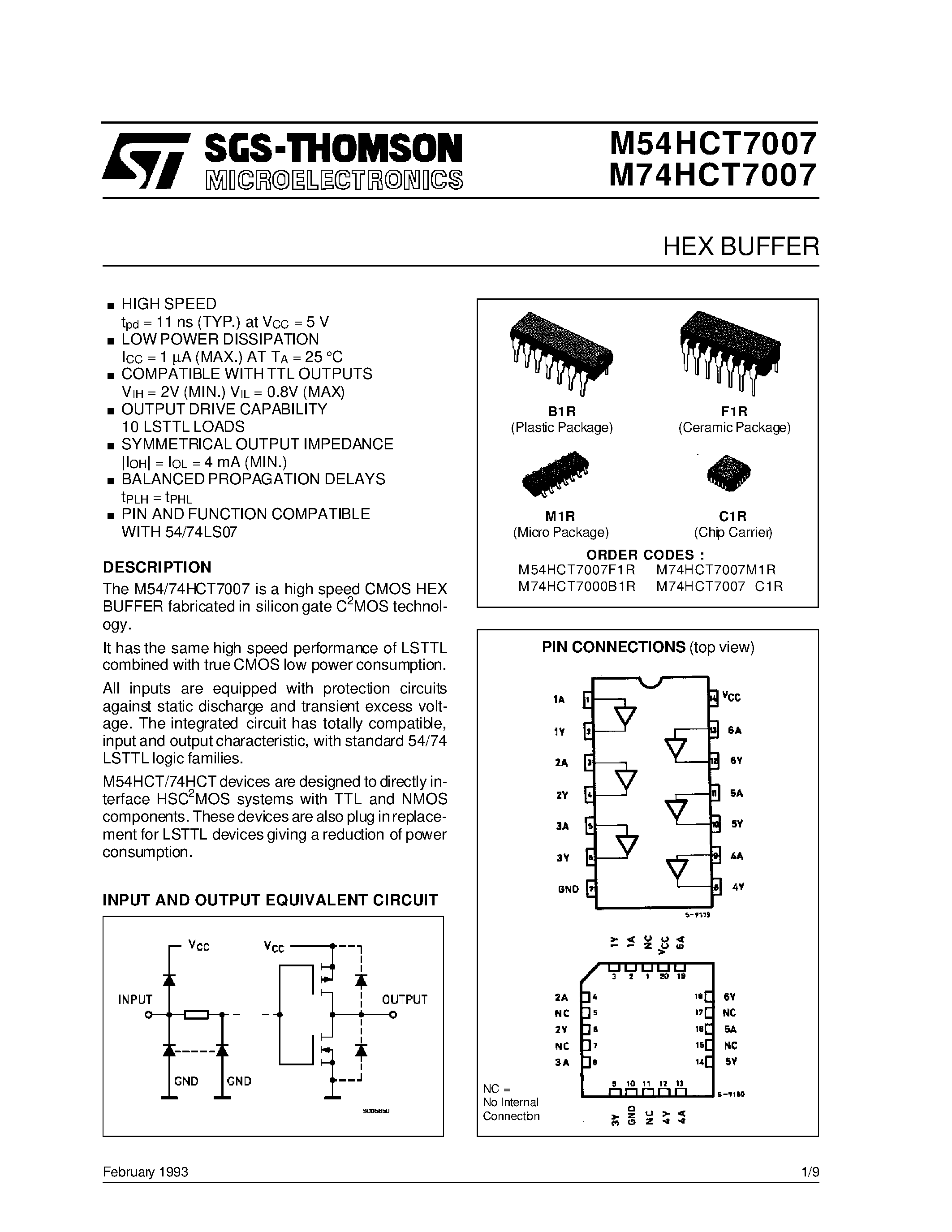 Даташит на микросхему M74HCT7000B1R страница 1 Даташит M74HCT7000B1R - HEX BUFFER страница 1