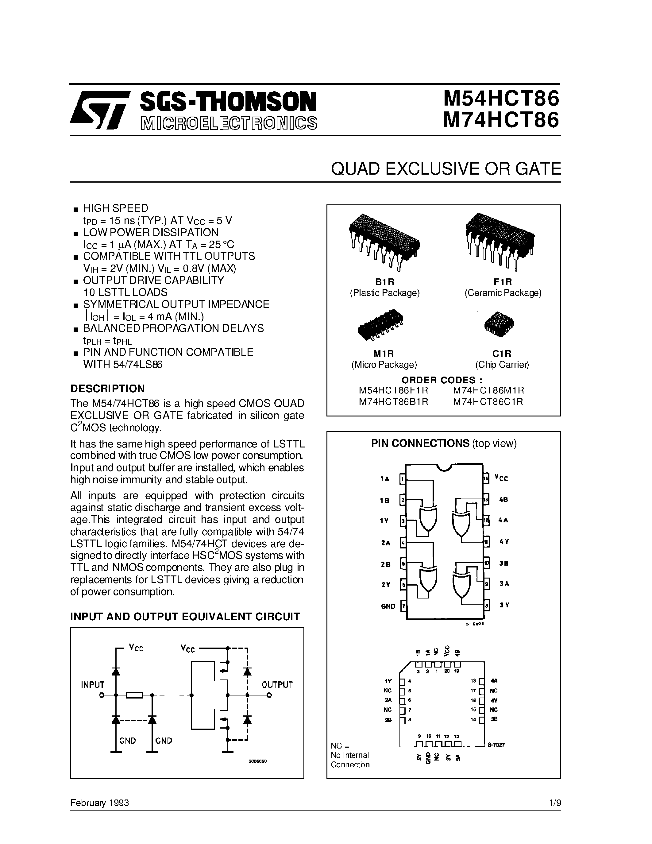 Datasheet M74HCT86 page 1 Datasheet M74HCT86 - QUAD EXCLUSIVE OR GATE page 1