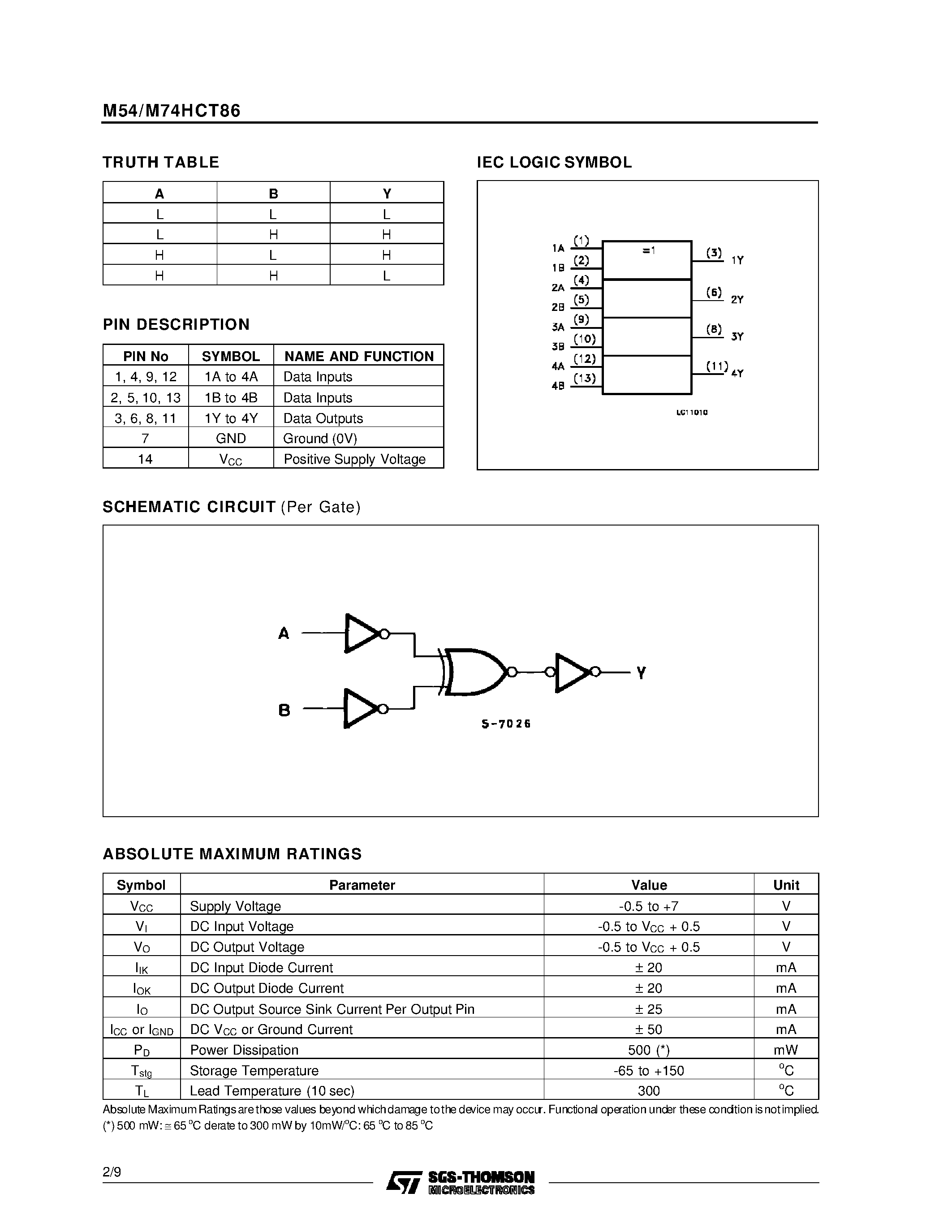 Datasheet M74HCT86 page 2 Datasheet M74HCT86 - QUAD EXCLUSIVE OR GATE page 2