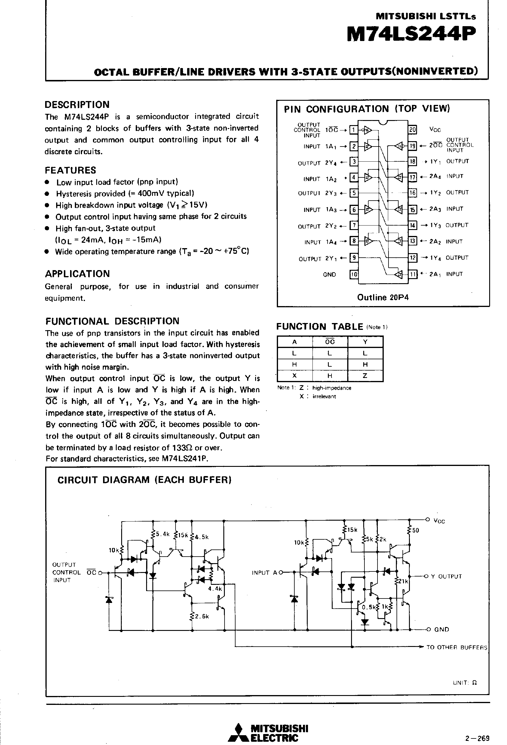 Datasheet M74LS244P page 1 Datasheet M74LS244P - OCTAL BUFFER/LINE DRIVERS WITH 3-STATE OUTPUT(NONINVERTED) page 1