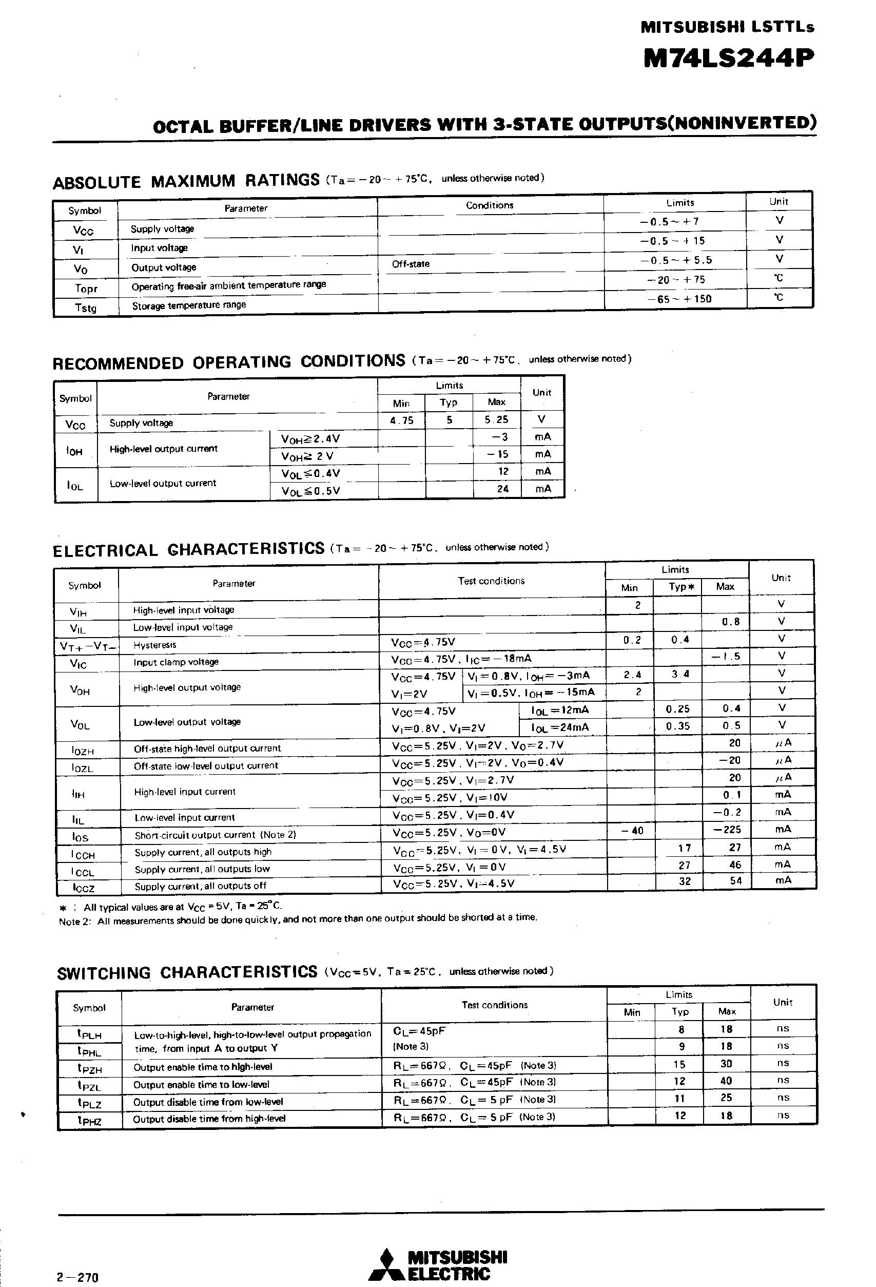 Datasheet M74LS244P page 2 Datasheet M74LS244P - OCTAL BUFFER/LINE DRIVERS WITH 3-STATE OUTPUT(NONINVERTED) page 2