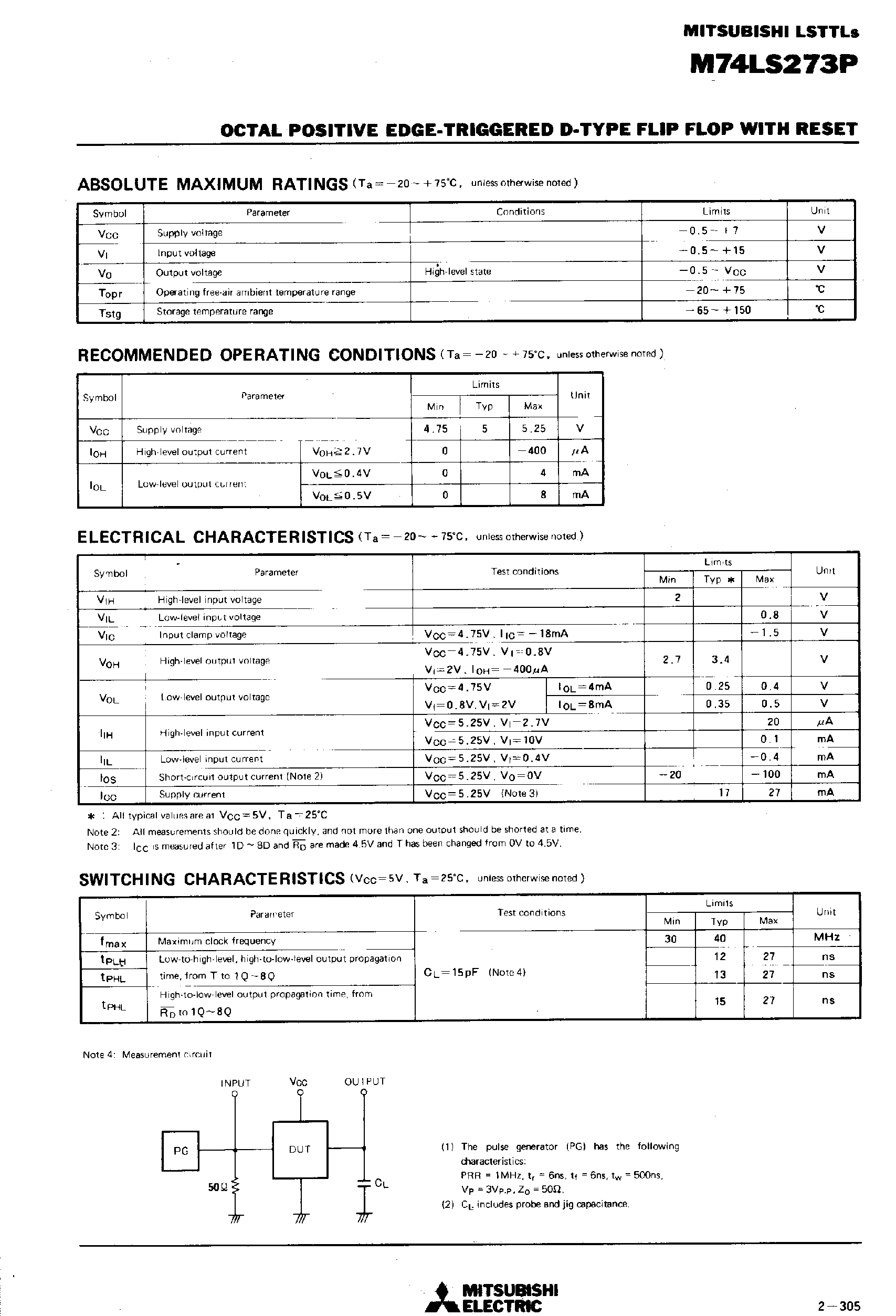 Datasheet M74LS273P - OCTAL POSITIVE EDGE-TRIGGERED D-TYPE FLIP FLOP WITH RESET page 2