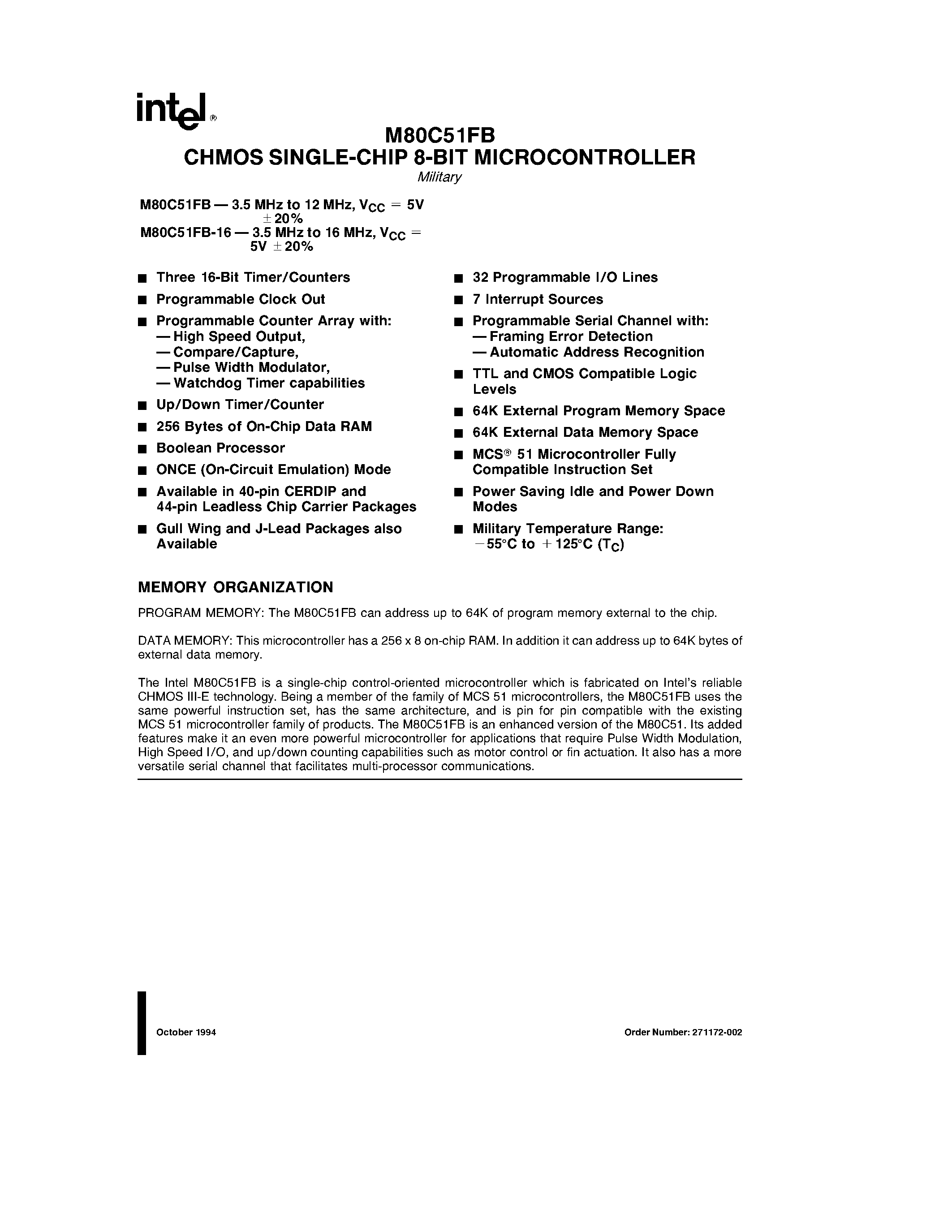 Datasheet M80C51FB page 1 Datasheet M80C51FB - CHMOS SINGLE-CHIP 8-BIT MICROCONTROLLER page 1
