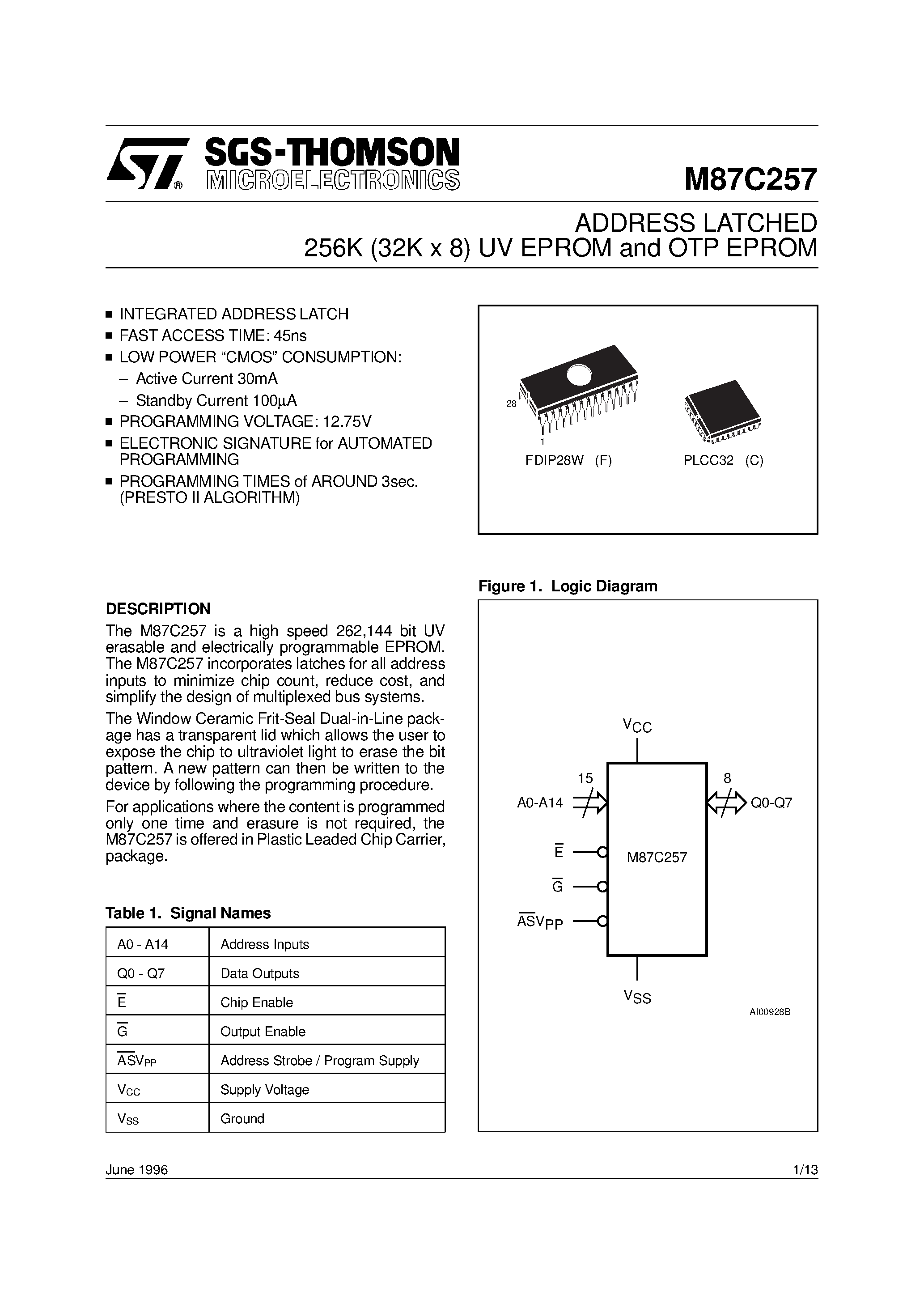 Datasheet M87C257 - ADDRESS LATCHED 256K 32K x 8 UV EPROM and OTP EPROM page 1
